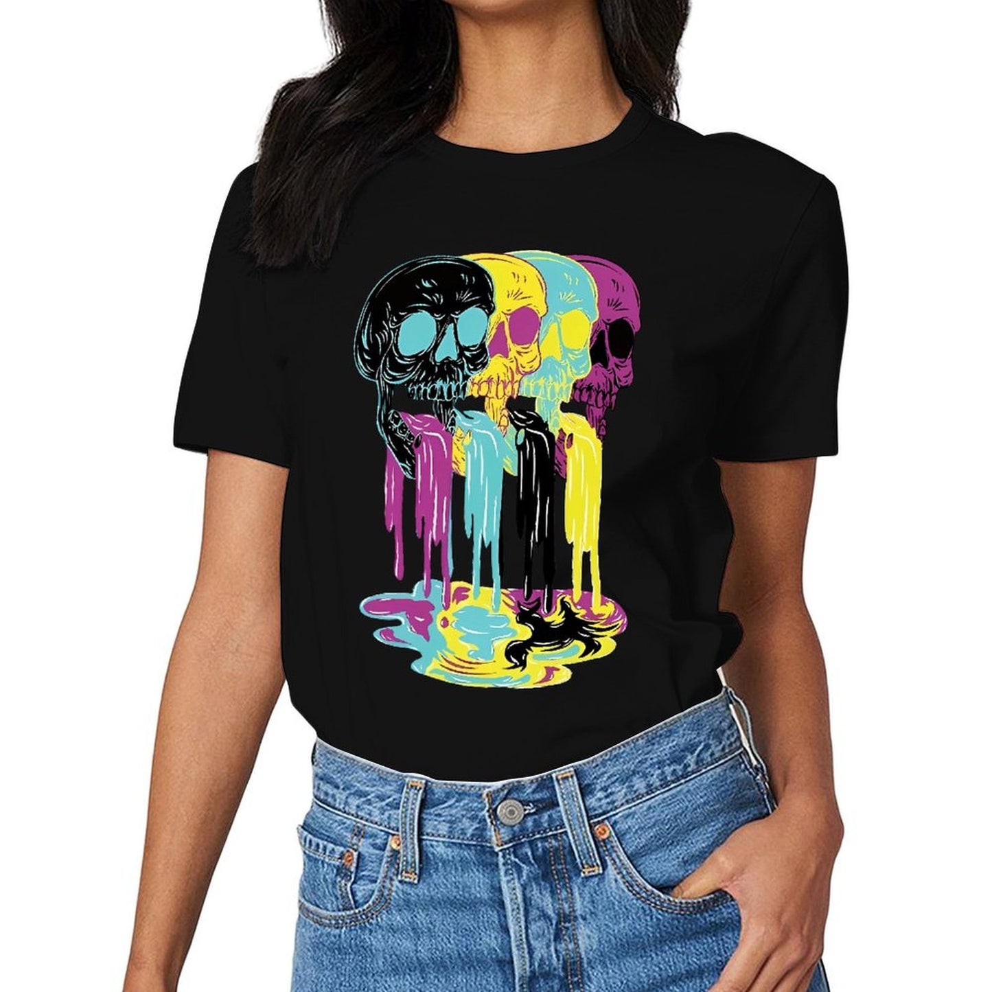 Inkmay Casual Cotton T-shirt Colorful Skulls With Dripping Paint Effects Unisex T-shirtActiveWear ComfortFit T-Shirt