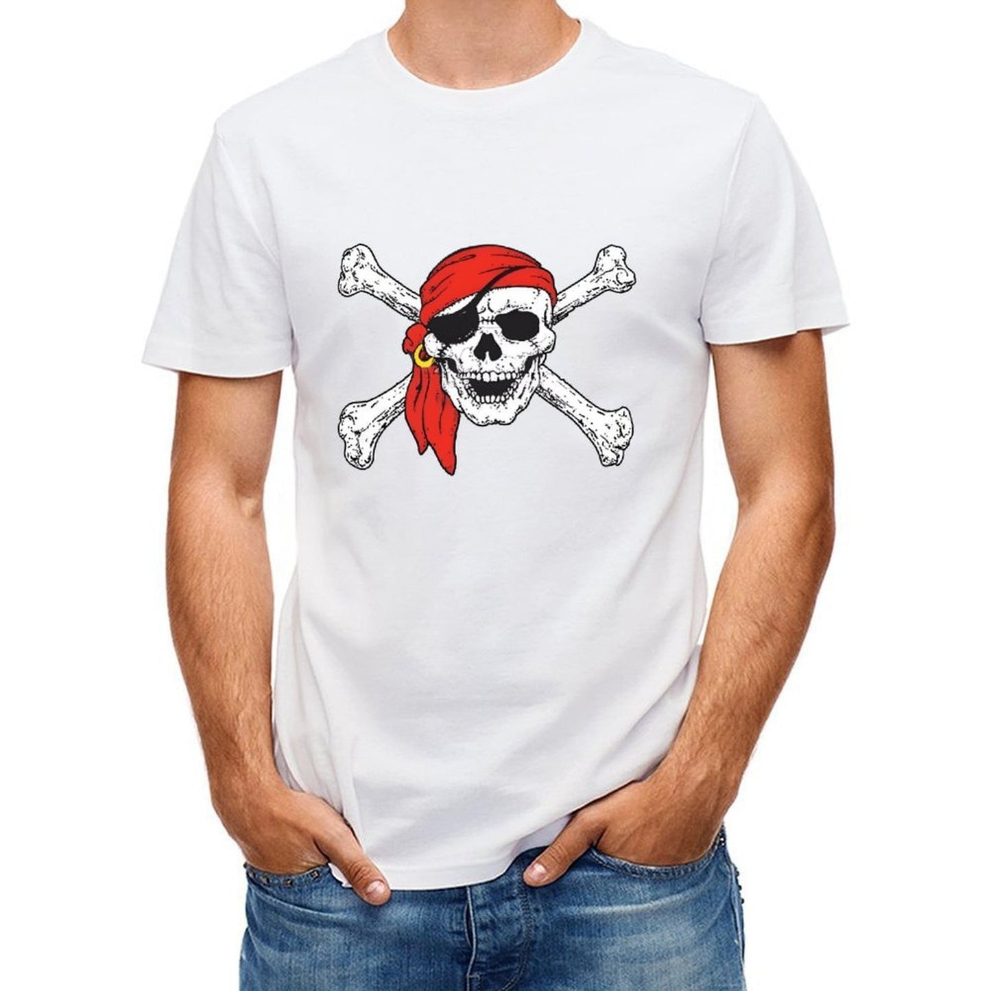 Inkmay Casual Cotton T-shirt Pirate Skull With Red Bandana Crossbones Unisex T-shirtNeat Clean T-Shirt