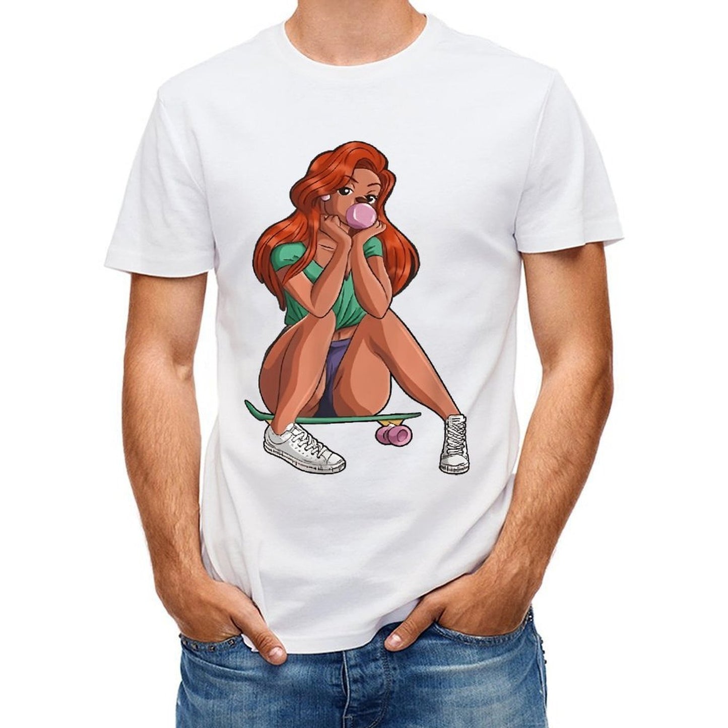Inkmay Casual Cotton T-shirt Girl Sitting On Skateboard Blowing Bubble Unisex T-shirtSmooth Feel Modern T-Shirt