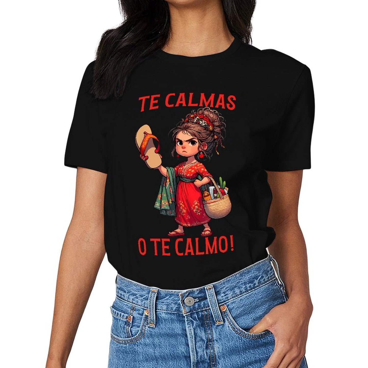 Inkmay Casual Cotton T-shirt Red Floral Dress With Green Scarf Unisex T-shirtMidweight EverydayTee T-Shirt