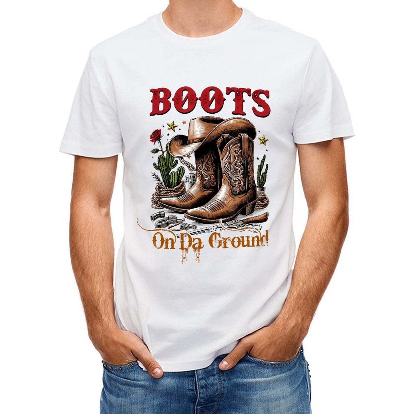 Inkmay Casual Cotton T-shirt Brown Cowboy Boots With Floral Design Unisex T-shirtVibrant Colors Reliable T-Shirt