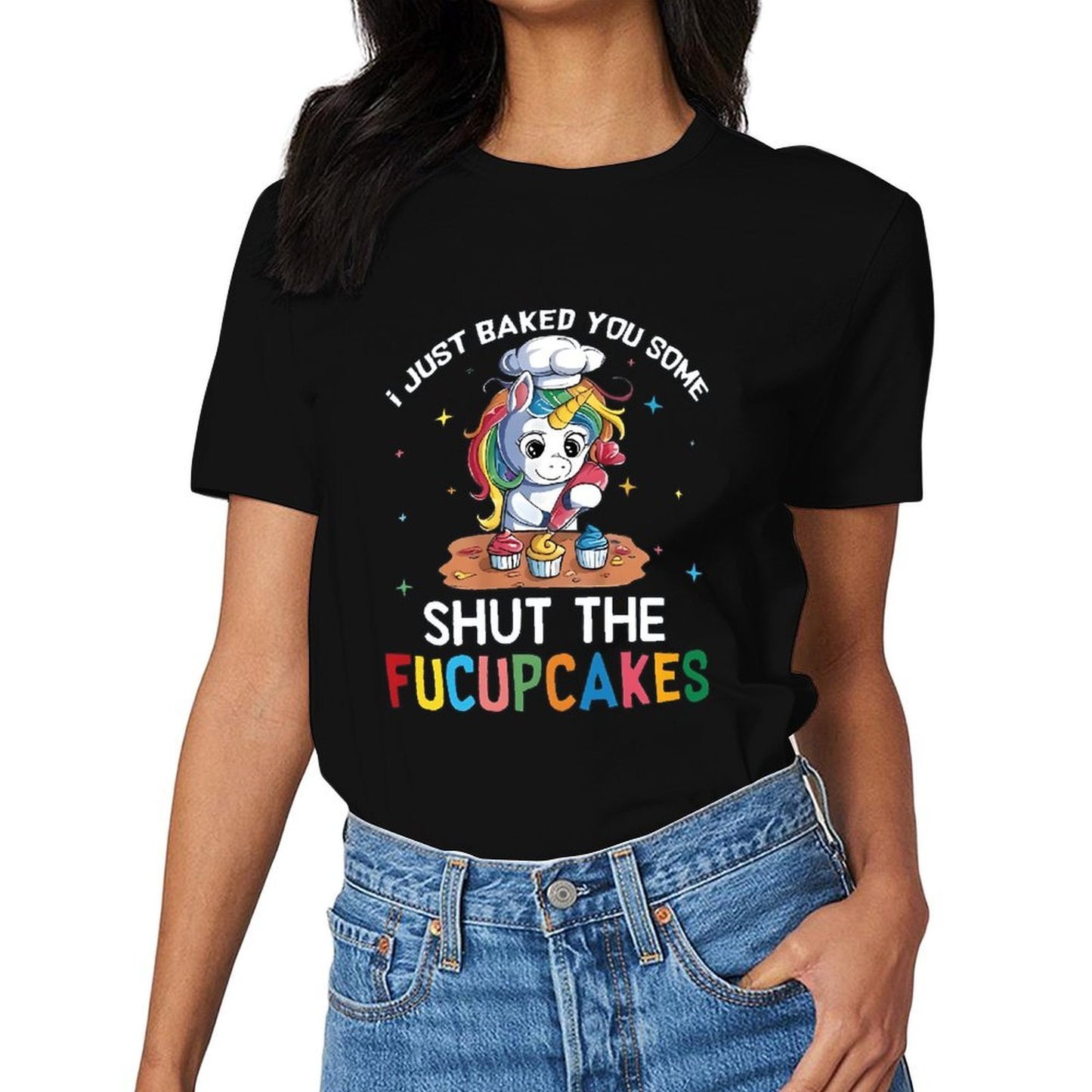Inkmay Casual Cotton T-shirt Cute Unicorn Baking Cupcakes On Table Unisex T-shirtLong Lasting Performance T-Shirt