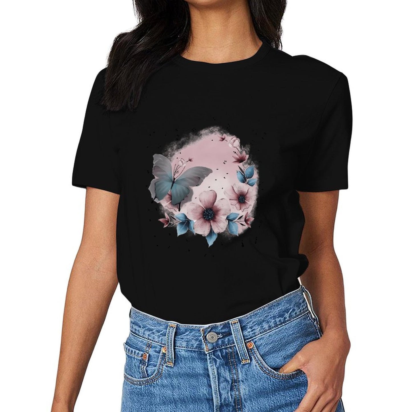 Inkmay Casual Cotton T-shirt Floral Butterfly Design With Soft Colors Unisex T-shirtCotton Printing T-Shirt