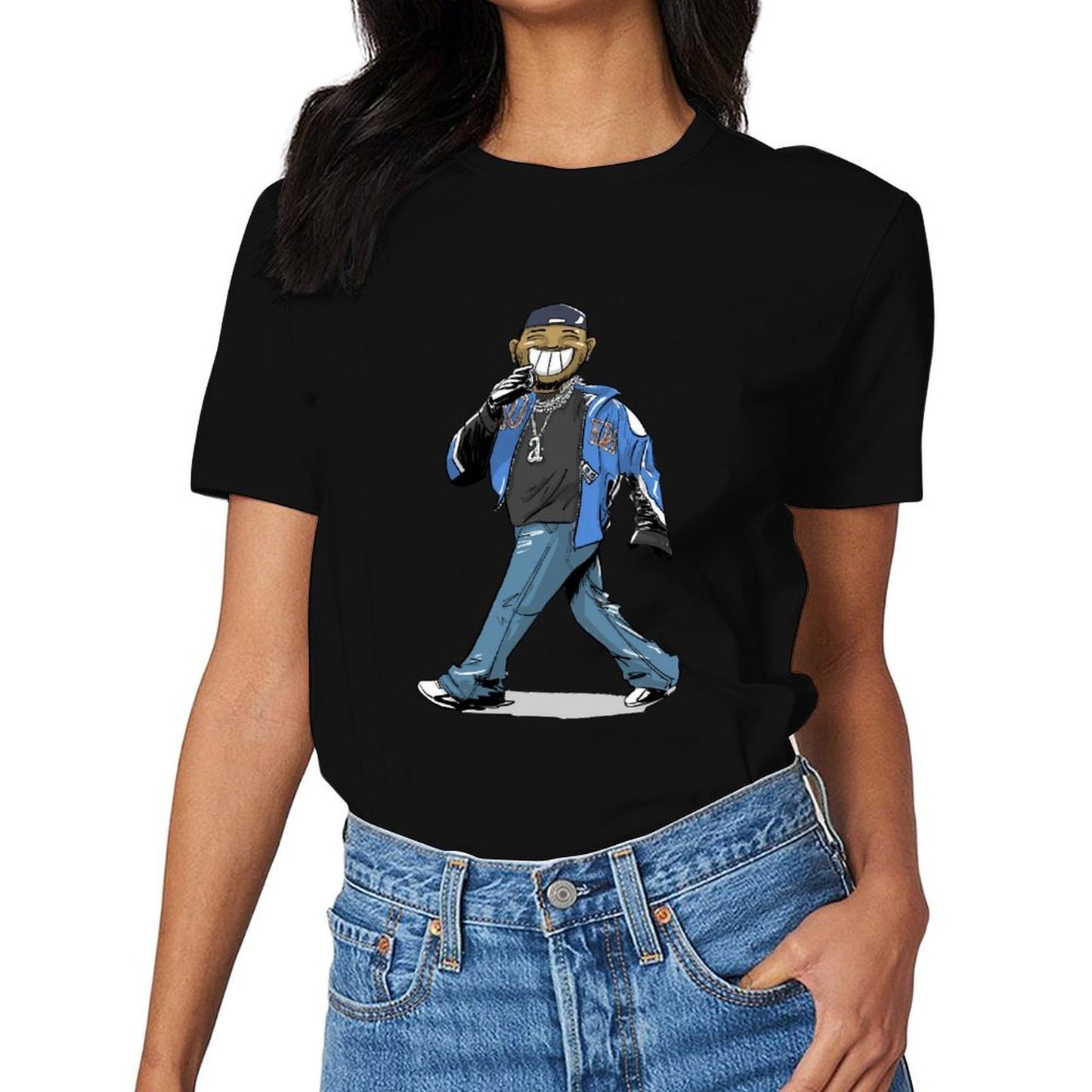 Inkmay Casual Cotton T-shirt Cartoon Character Wearing Blue Jacket Pants Unisex T-shirtStreet Fitted T-Shirt