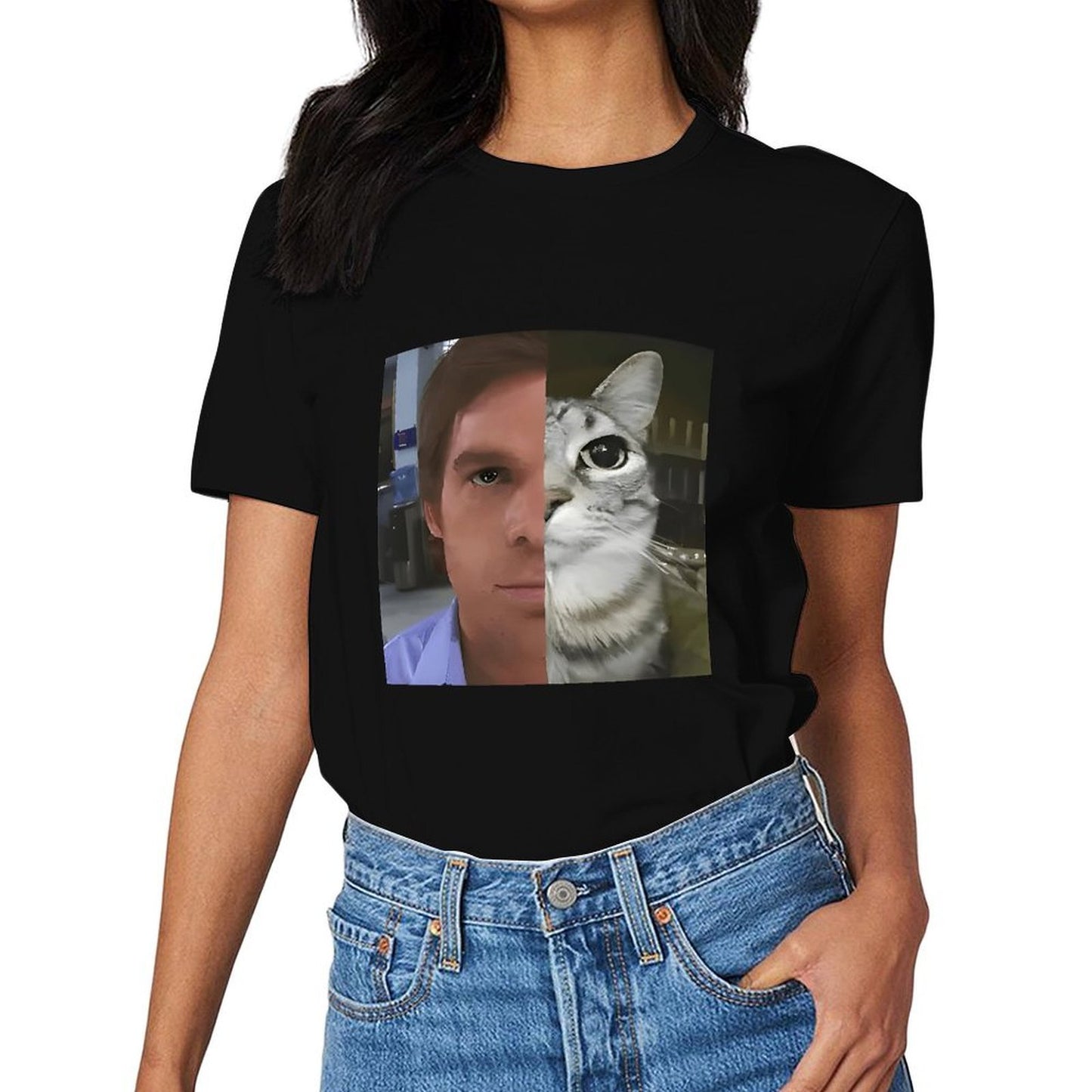 Inkmay Casual Cotton T-shirt Man And Cat Face Split Unisex T-shirtSignature Bold T-Shirt