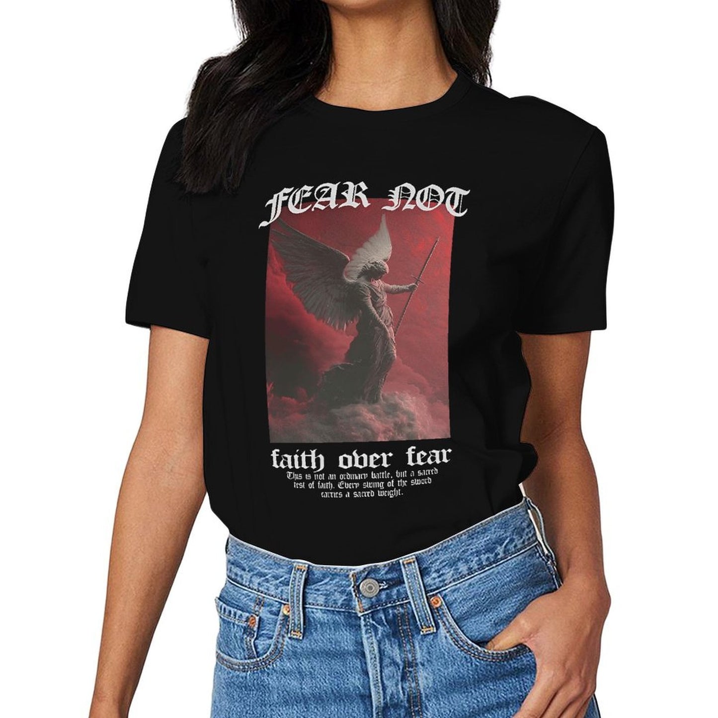 Inkmay Casual Cotton T-shirt Angel With Sword Over Clouds Unisex T-shirt