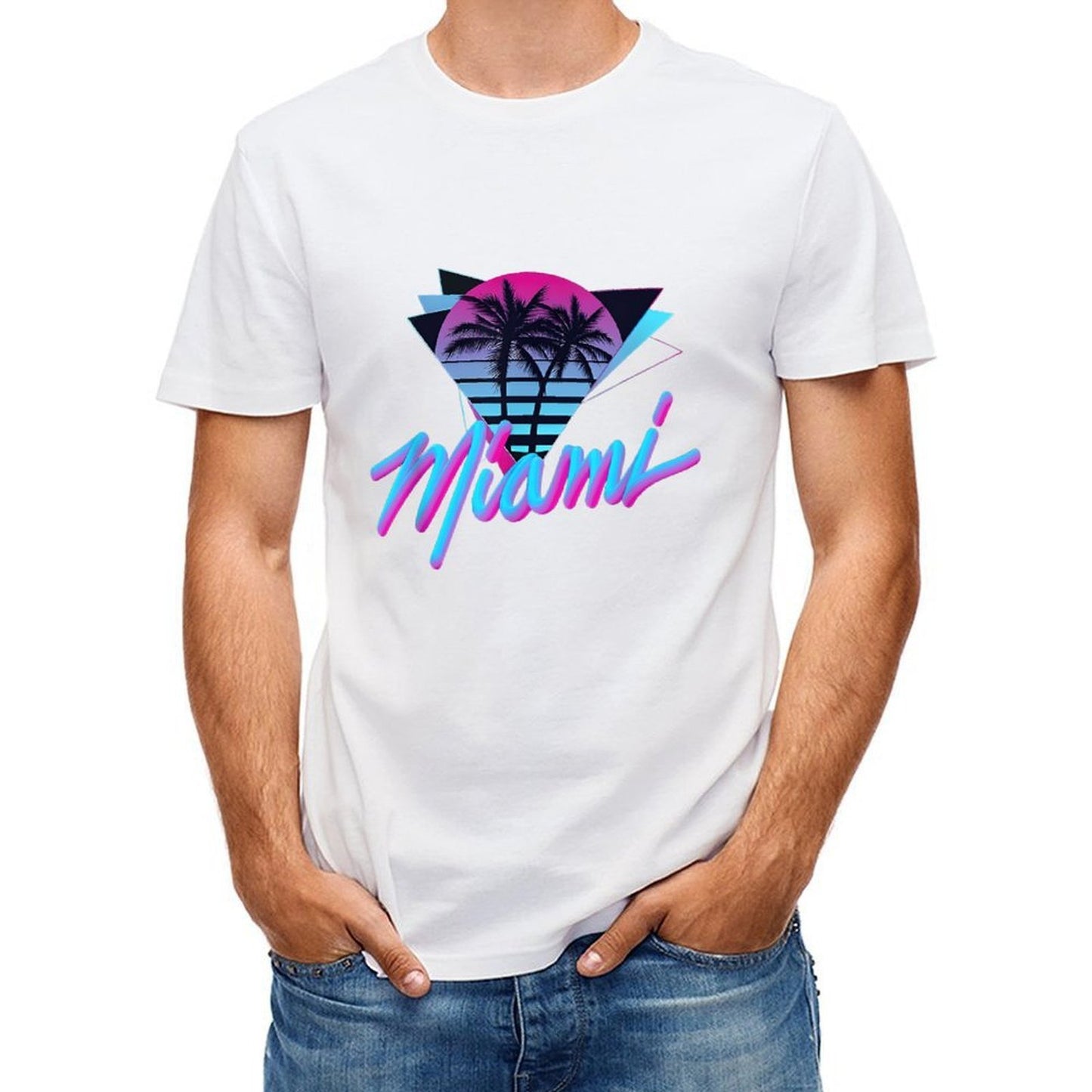 Inkmay Casual Cotton T-shirt Miami Sunset Palm Trees Art Print Unisex T-shirtSmooth Feel TrueFit T-Shirt