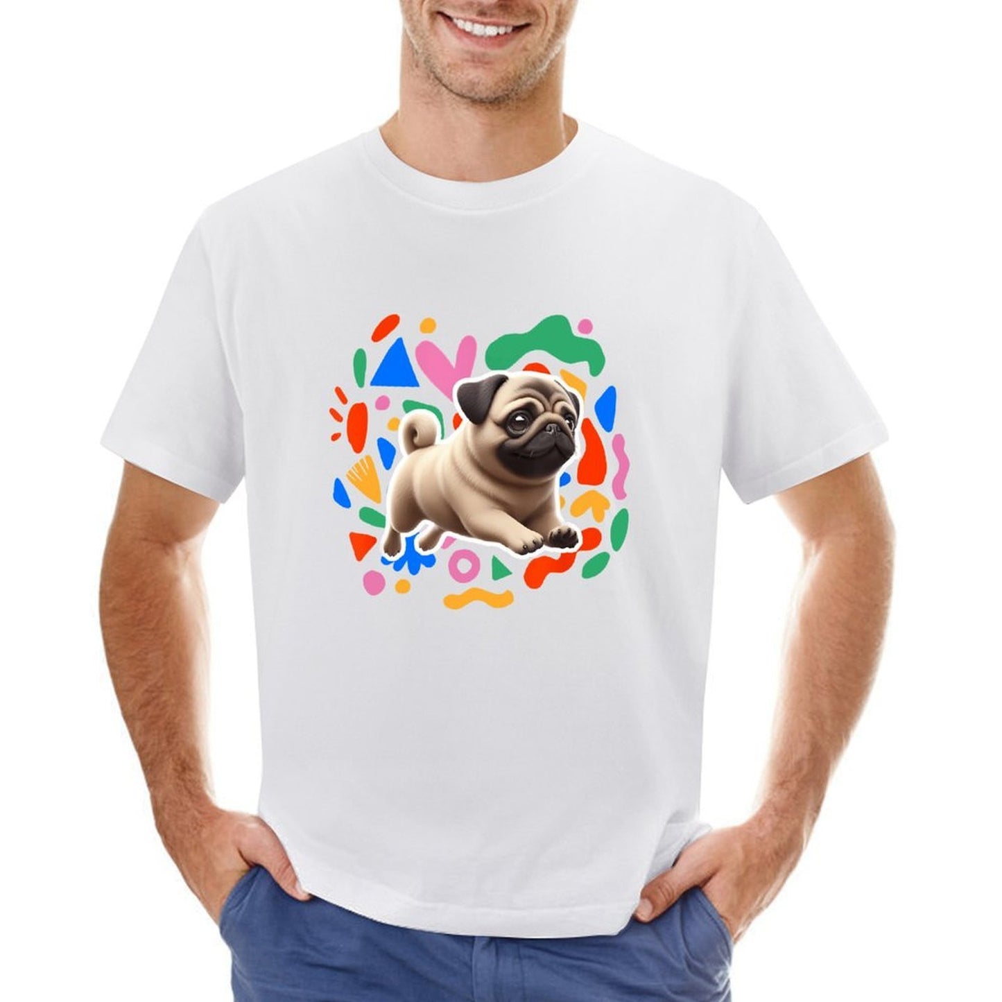 Inkmay Casual Cotton T-shirt Colorful Geometric Shapes With Pug Dog Unisex T-shirtOversized Heritage T-Shirt