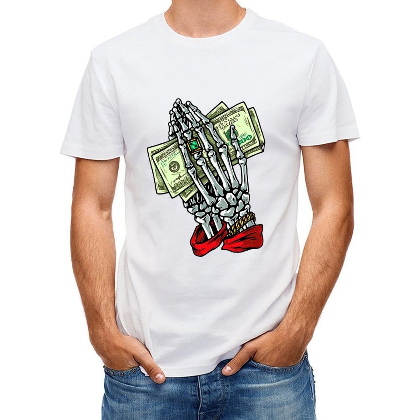 Inkmay Casual Cotton T-shirt Skeleton Hand Holding Money Bills Art Unisex T-shirtDailyFit ComfortSeries T-Shirt