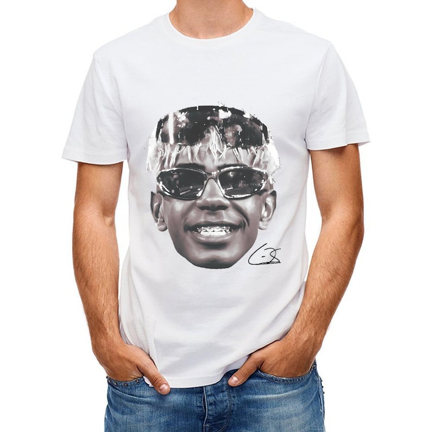 Inkmay Casual Cotton T-shirt Stylized Face With Reflective Sunglasses Design Unisex T-shirtSport YearRound T-Shirt