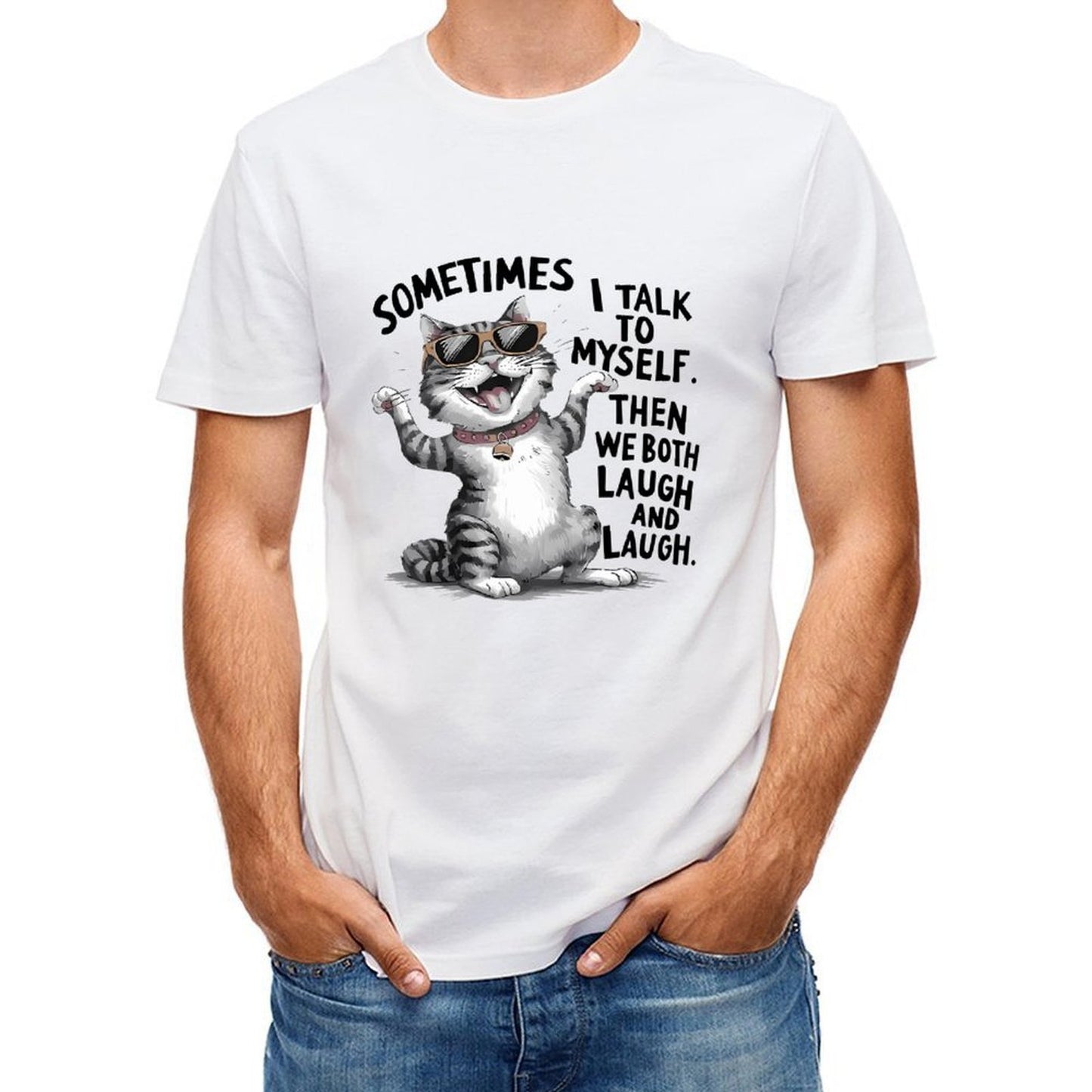 Inkmay Casual Cotton T-shirt Cool Cat Wearing Sunglasses And Collar Unisex T-shirtPure Midweight T-Shirt