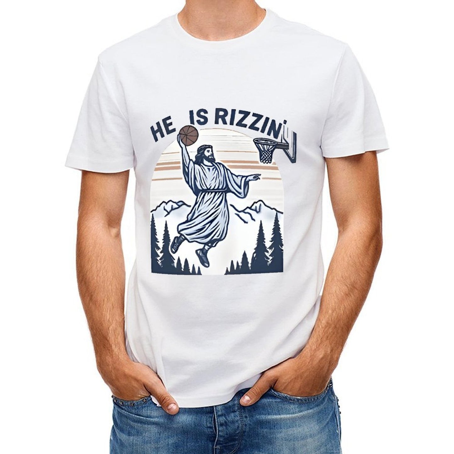 Inkmay Casual Cotton T-shirt Jesus Playing Basketball In Mountain Scene Unisex T-shirtColorfast Neat T-Shirt
