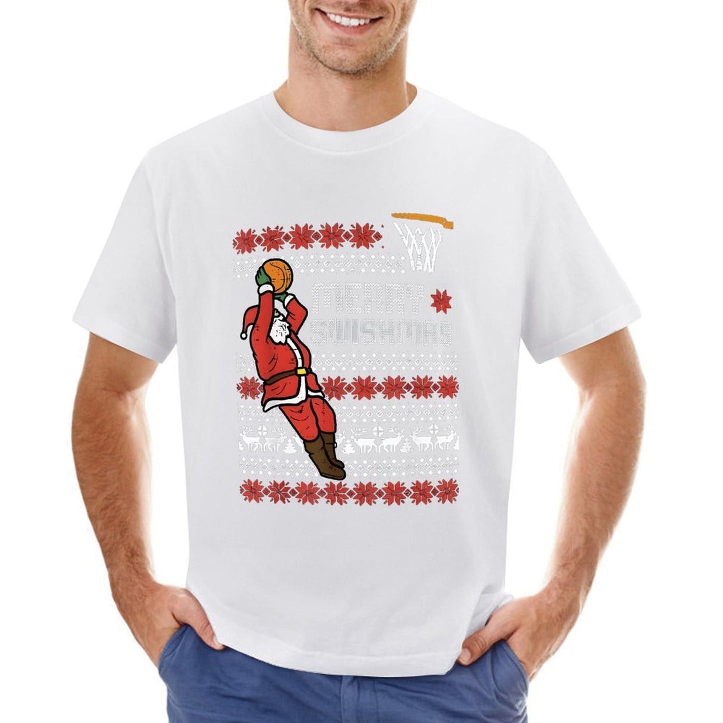 Inkmay Casual Cotton T-shirt Merry Swishmas Santa Plays Basketball Pattern Unisex T-shirtClassic EverydaySeries T-Shirt