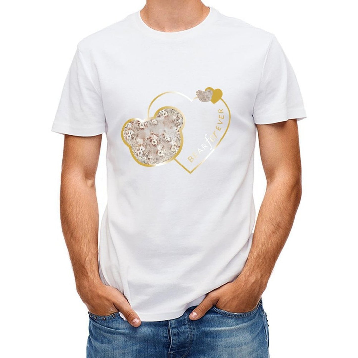 Inkmay Casual Cotton T-shirt Heart Shaped Floral Pattern With Gold Unisex T-shirtEverydaySeries Smooth Feel T-Shirt