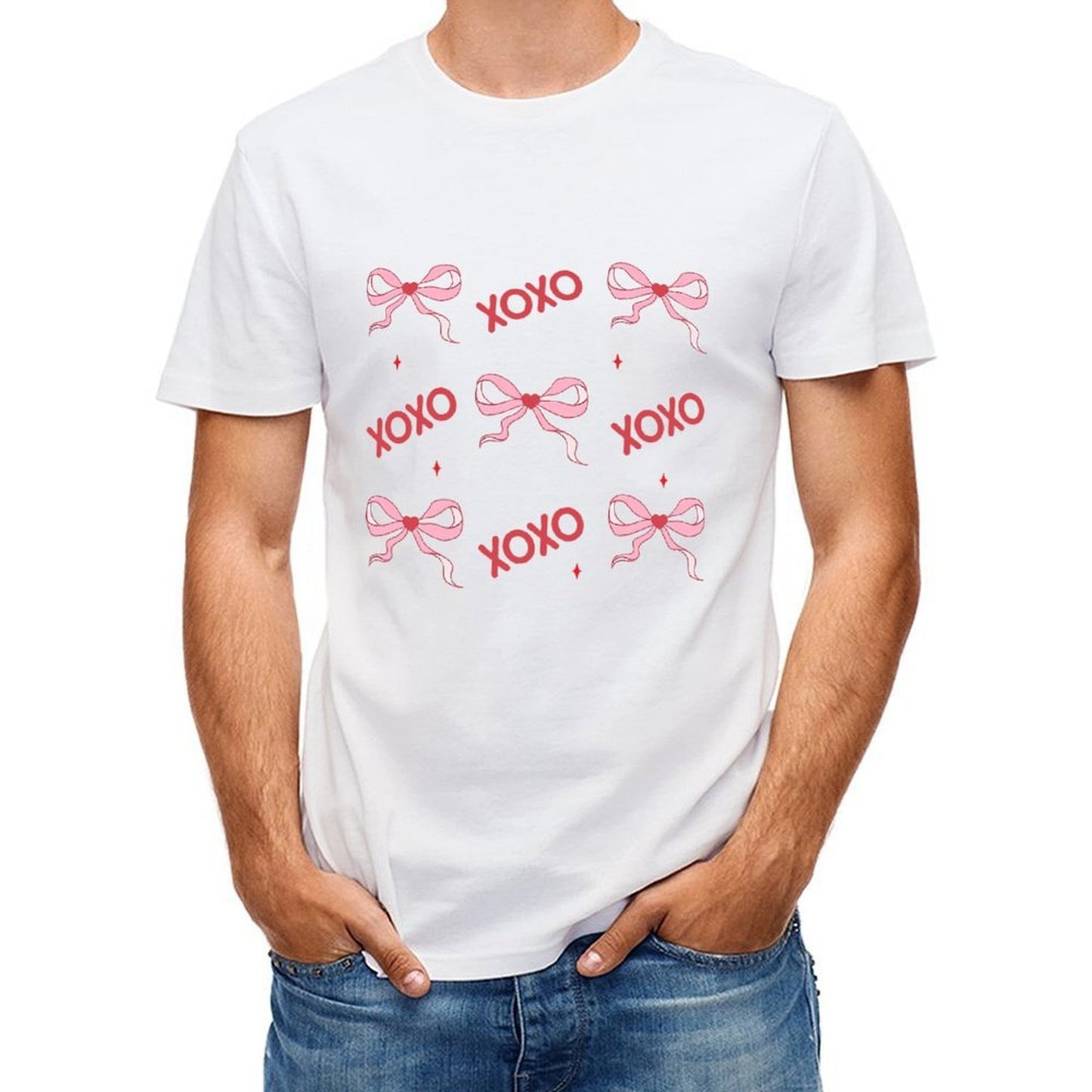 Inkmay Casual Cotton T-shirt Red Background With Pink Bows Hearts Unisex T-shirtMen¡¯s / Women¡¯s / Youth EverydayComfort T-Shirt
