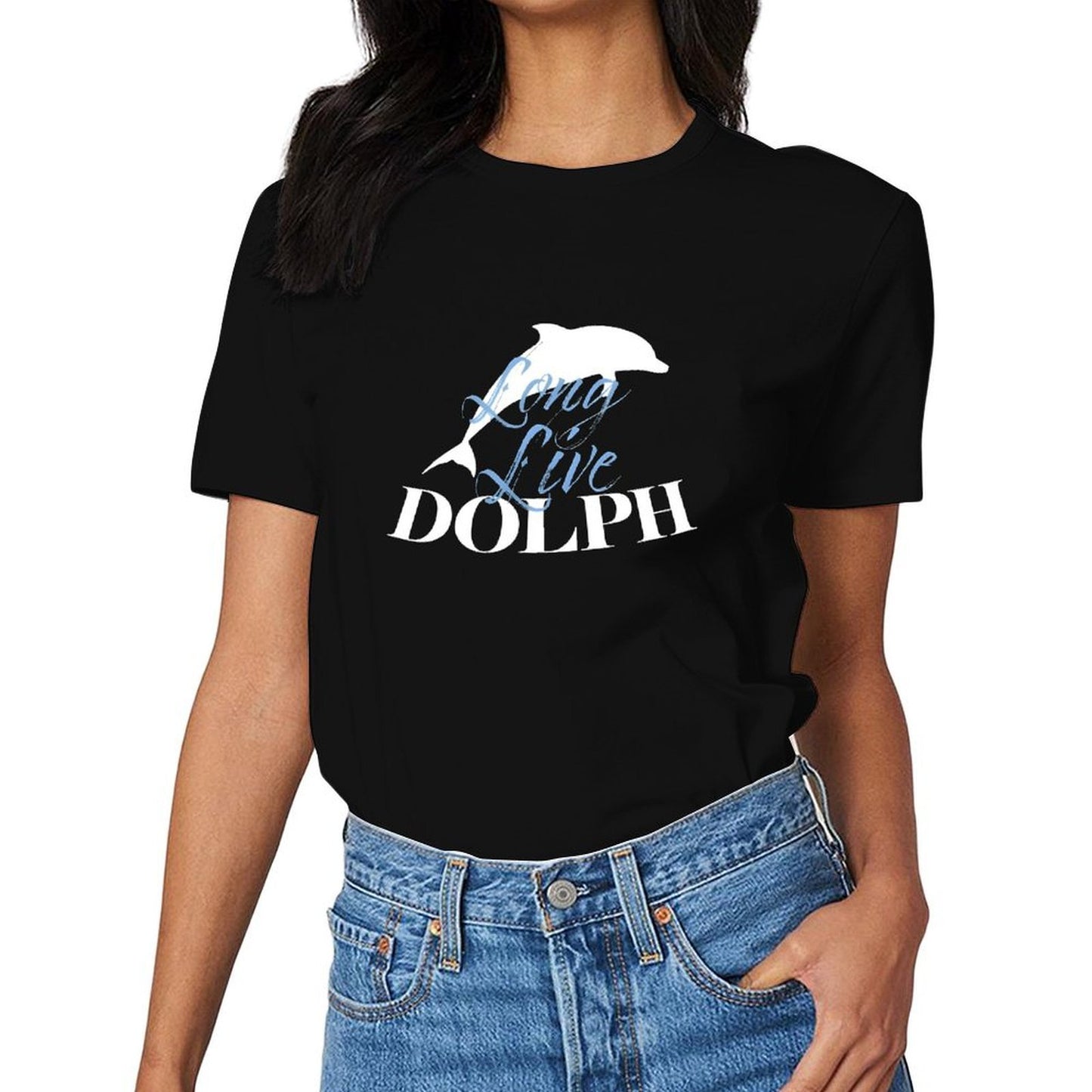 Inkmay Casual Cotton T-shirt Dolphin Silhouette With Long Live Dolph Unisex T-shirtDouble-Stitched Batch-Printed T-Shirt