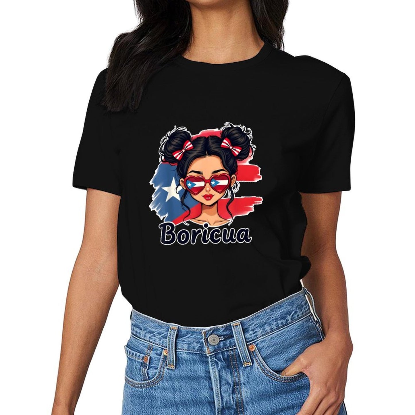 Inkmay Casual Cotton T-shirt Puerto Rican Flag Heart Glasses Boricua Unisex T-shirtSharp Pure T-Shirt