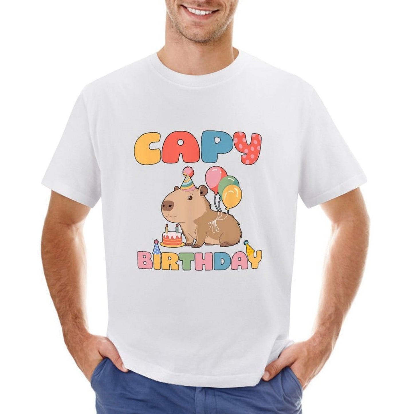 Inkmay Casual Cotton T-shirt Capybara Birthday Party With Balloons Unisex T-shirtCrew Neck EasyWear T-Shirt