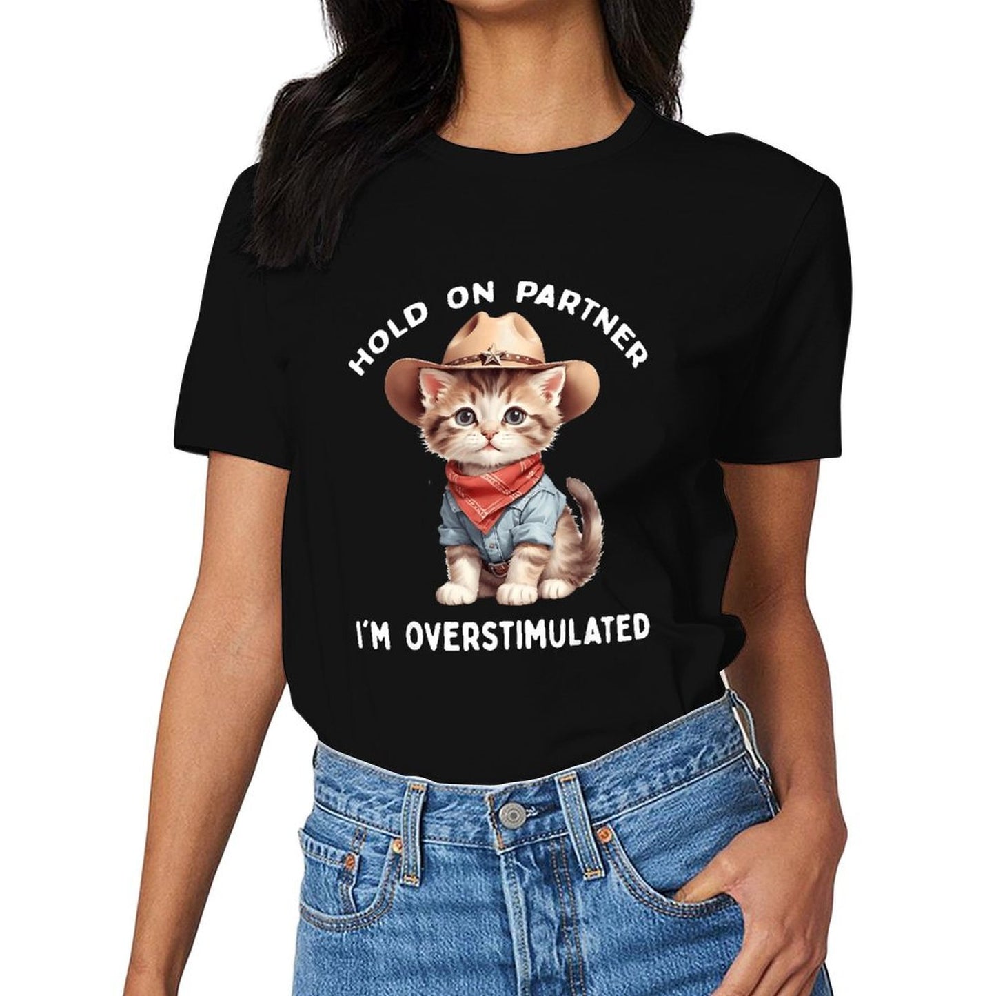 Inkmay Casual Cotton T-shirt Cute Kitten Wearing Cowboy Hat Bandana Unisex T-shirtComfort Lightweight T-Shirt