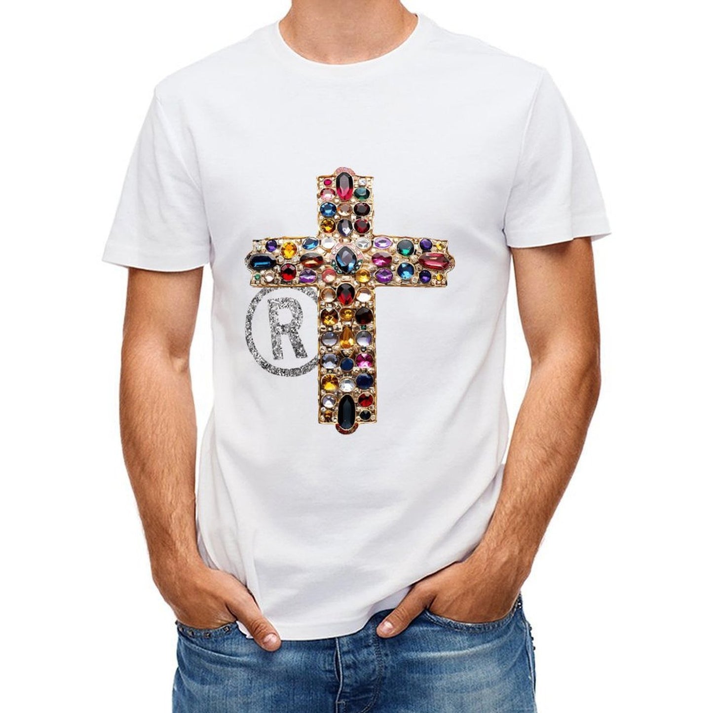 Inkmay Casual Cotton T-shirt Elegant Cross With Gemstones And Rhinestones Unisex T-shirtEco / Sustainable EverydayWear T-Shirt