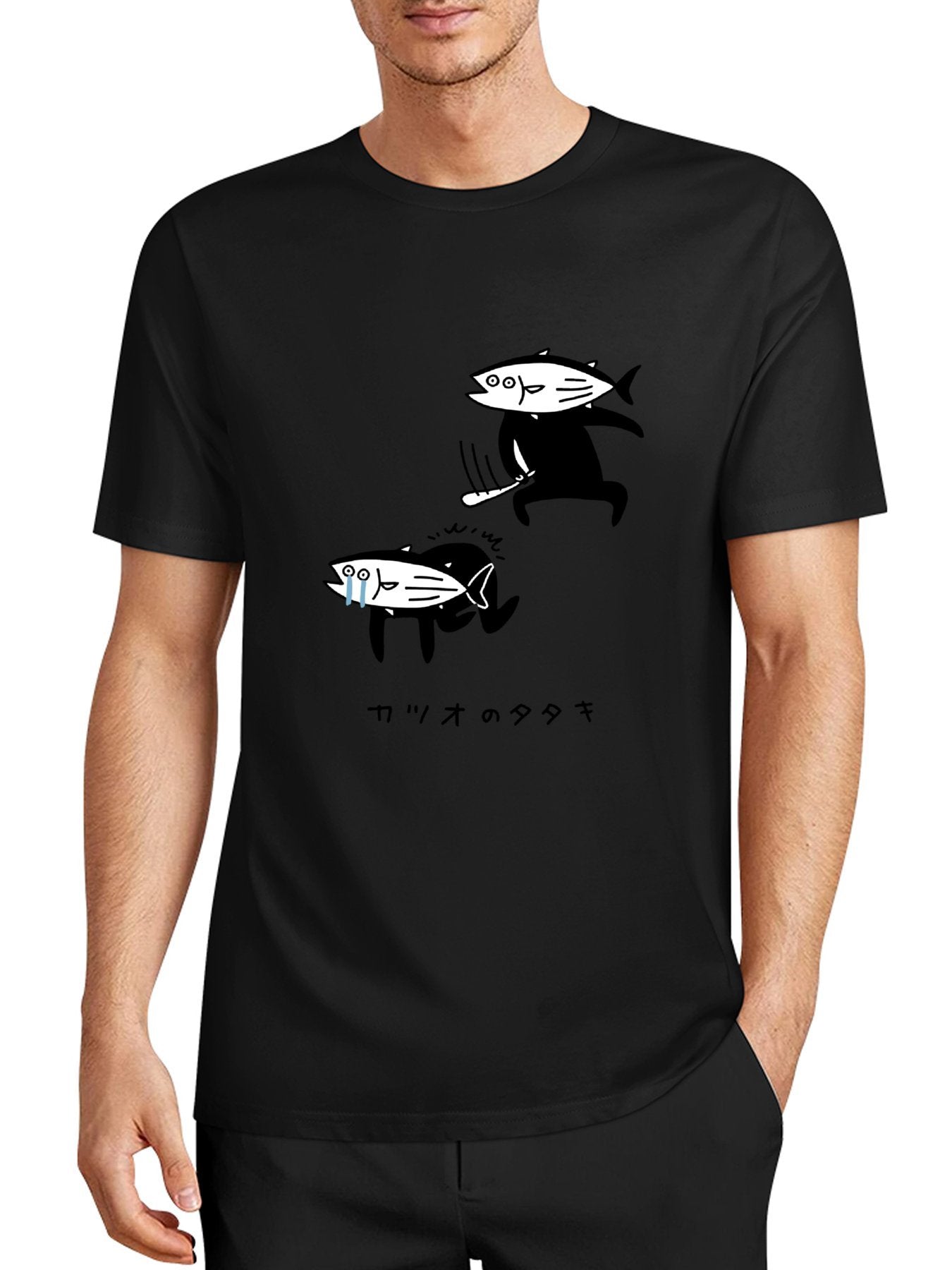 Inkmay Casual Cotton T-shirt Fish Pattern Prints On Black Background Unisex T-shirtTimelessStyle SimpleFit T-Shirt