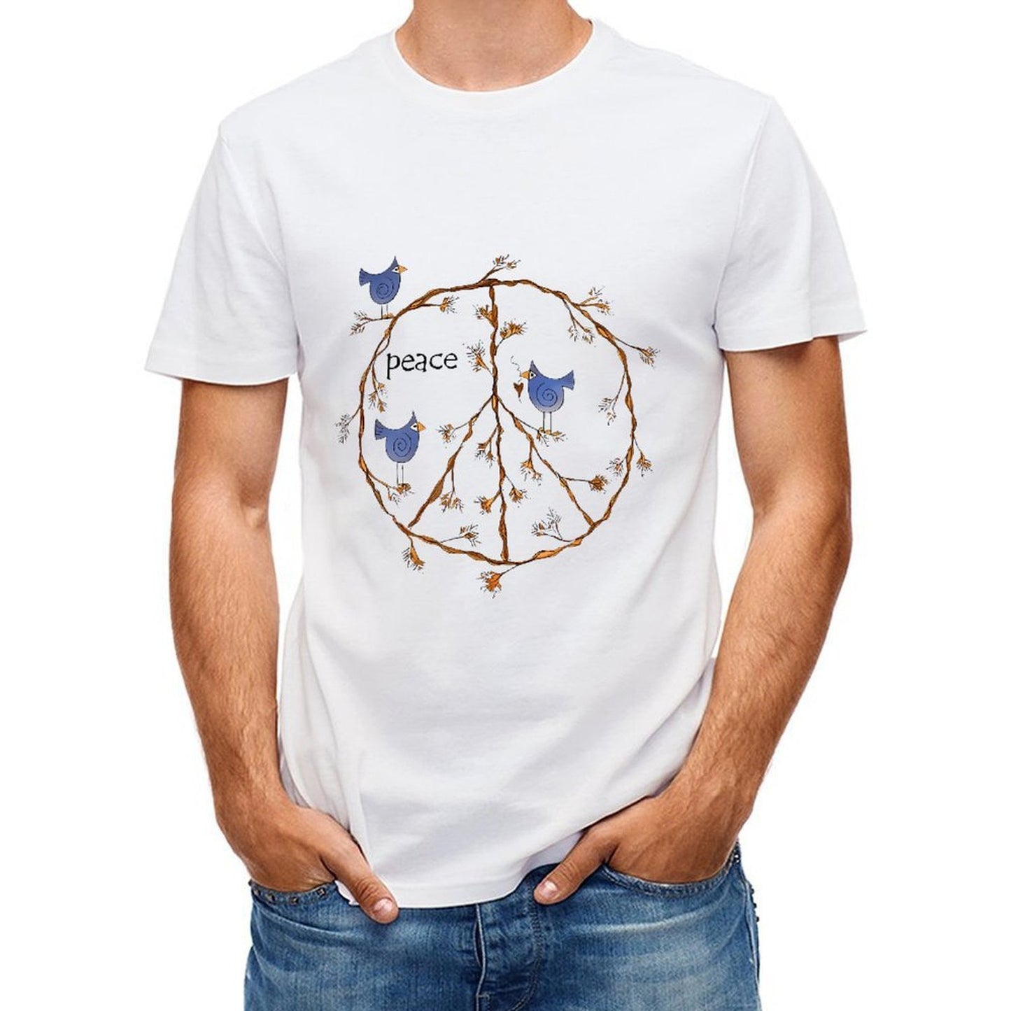 Inkmay Casual Cotton T-shirt Peace Sign With Birds And Branches Unisex T-shirtPureStyle Premium T-Shirt