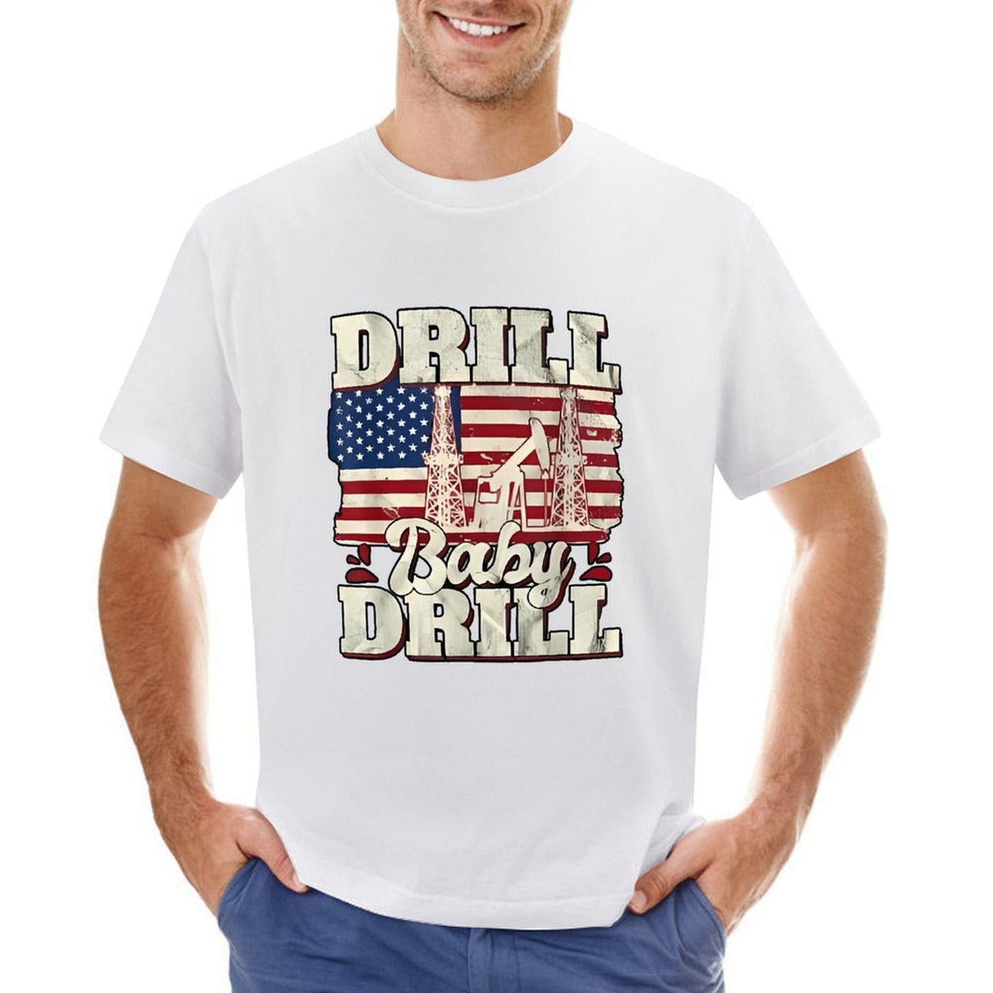 Inkmay Casual Cotton T-shirt Drill Baby Drill Usa Flag Pattern Unisex T-shirtStreetLine Fresh T-Shirt
