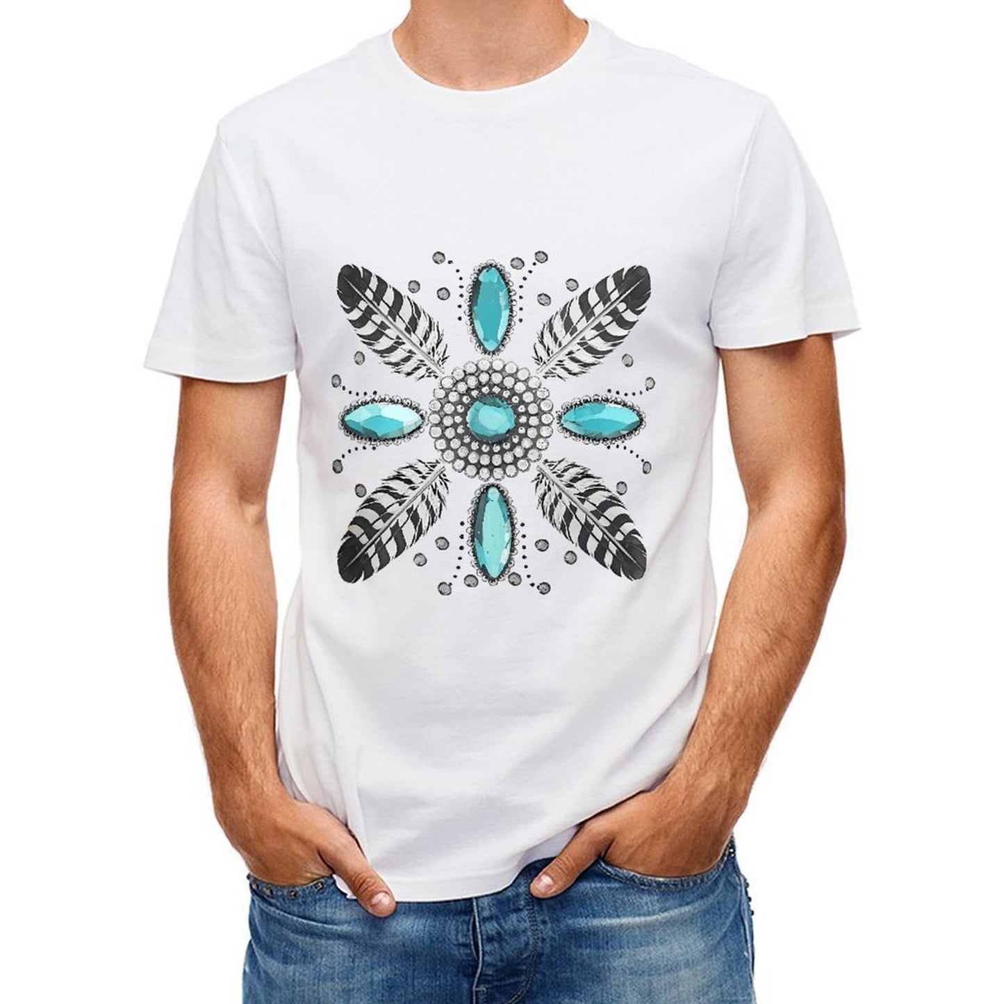 Inkmay Casual Cotton T-shirt Feather And Gemstone Pattern Design Artwork Unisex T-shirt