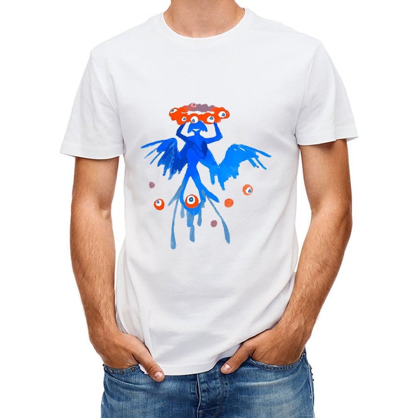 Inkmay Casual Cotton T-shirt Blue Creature With Orange Eyes Pattern Unisex T-shirtEverydayFit Natural T-Shirt