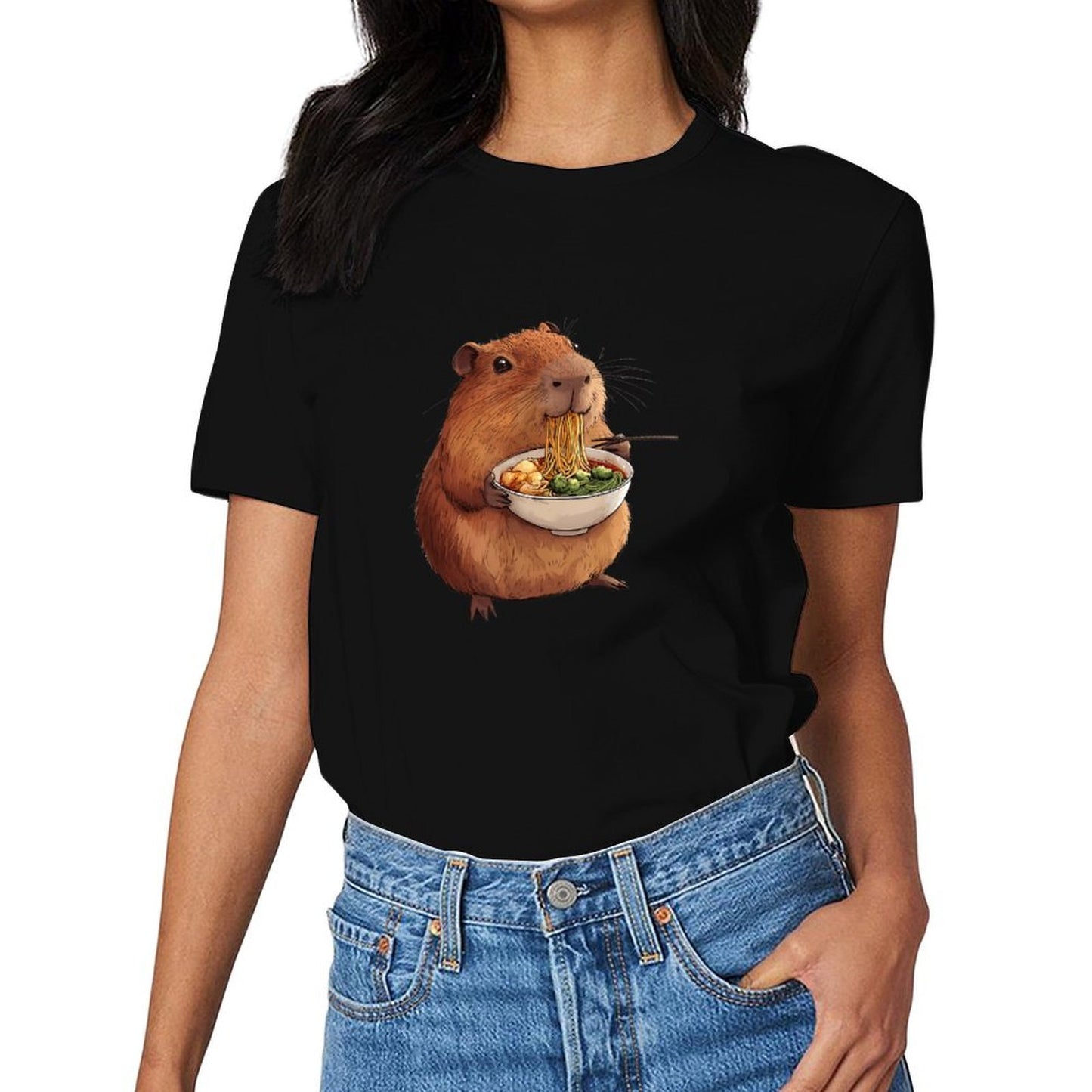 Inkmay Casual Cotton T-shirt Cute Hamster Eating Noodles With Chopsticks Unisex T-shirtUltra Durable Retro T-Shirt