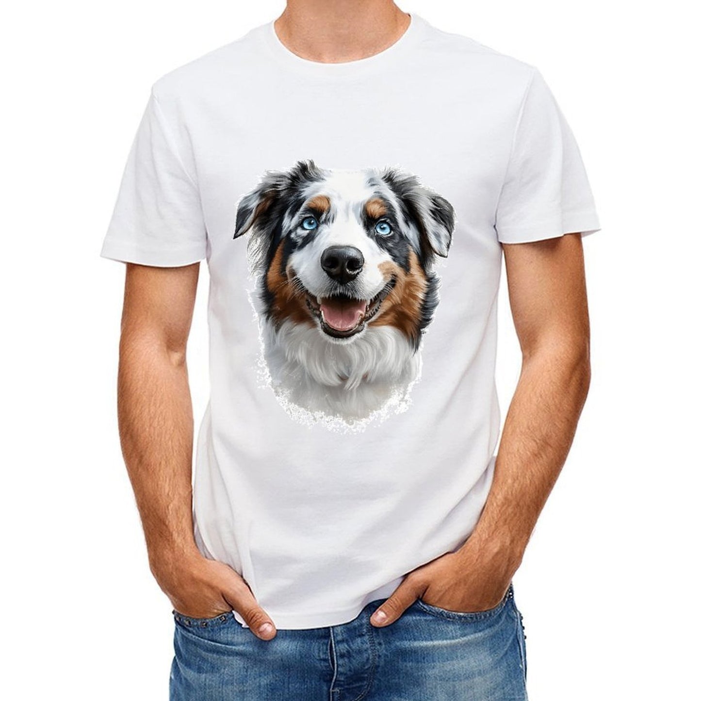 Inkmay Casual Cotton T-shirt Colorful Dog Portrait With Blue Eyes Unisex T-shirtClassic Fit 100% Cotton T-Shirt