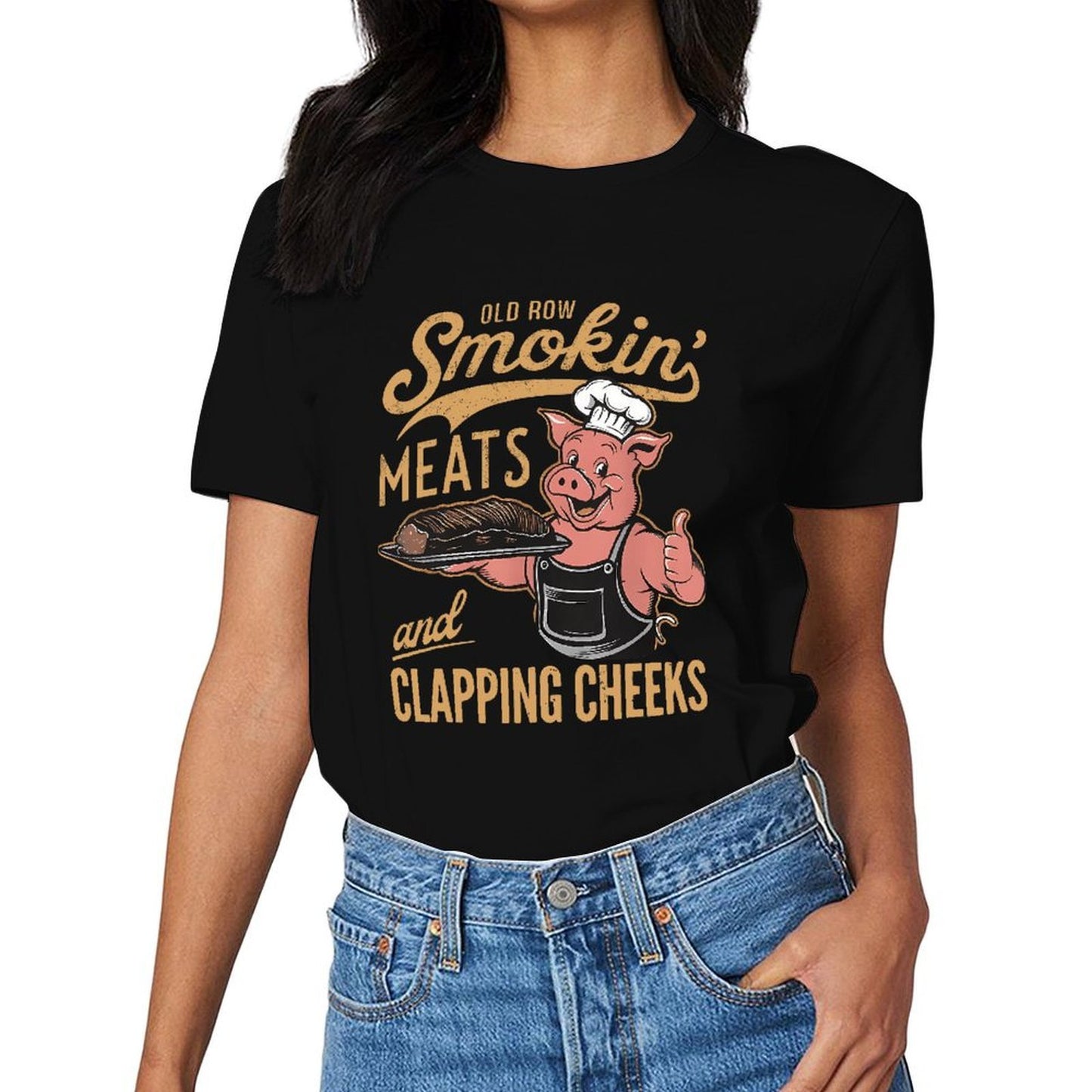 Inkmay Casual Cotton T-shirt Pig Holding Platter With Meat Dish Unisex T-shirtClean Fresh T-Shirt