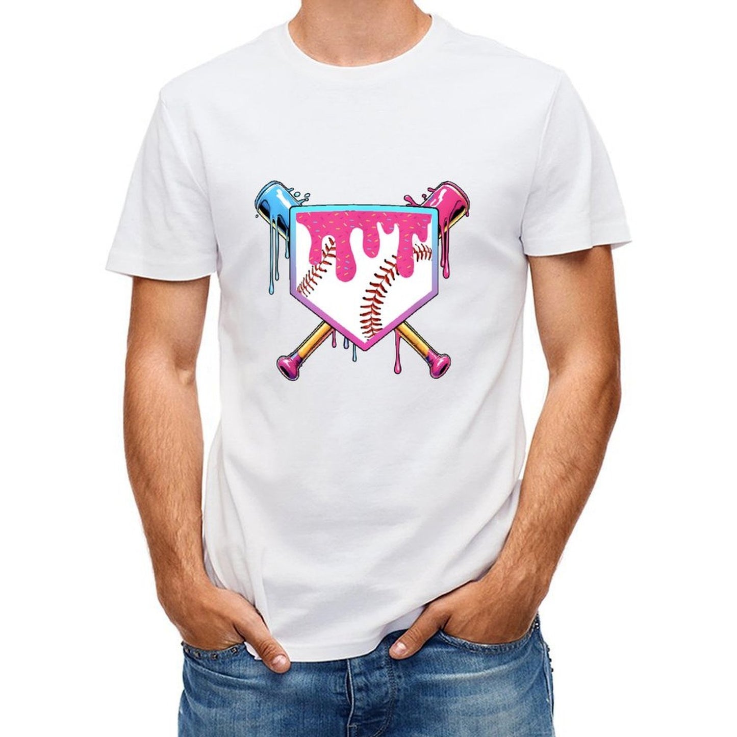 Inkmay Casual Cotton T-shirt Baseball Design With Colorful Paint Drips Unisex T-shirtSeries Printing T-Shirt