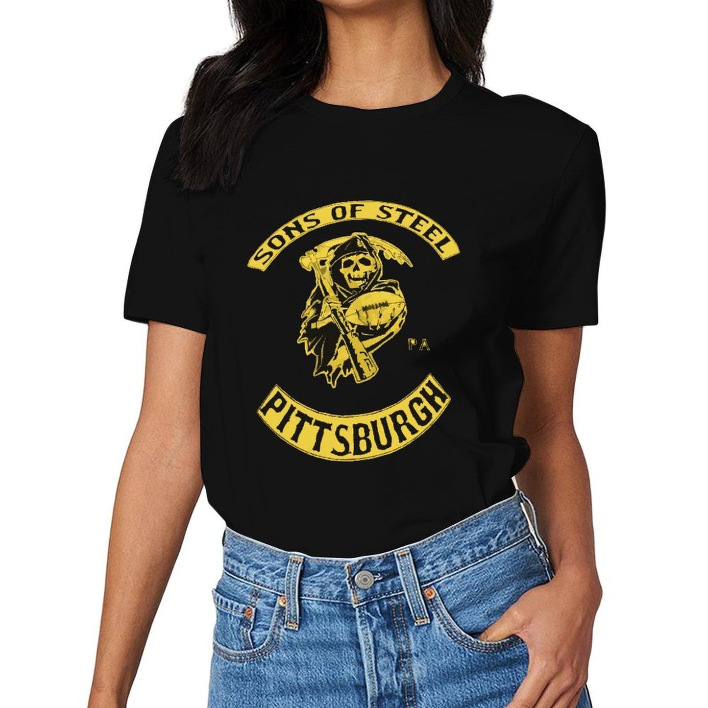 Inkmay Casual Cotton T-shirt Pittsburgh Sons Of Steel Football Design Unisex T-shirtClean Edges SoftFeel T-Shirt