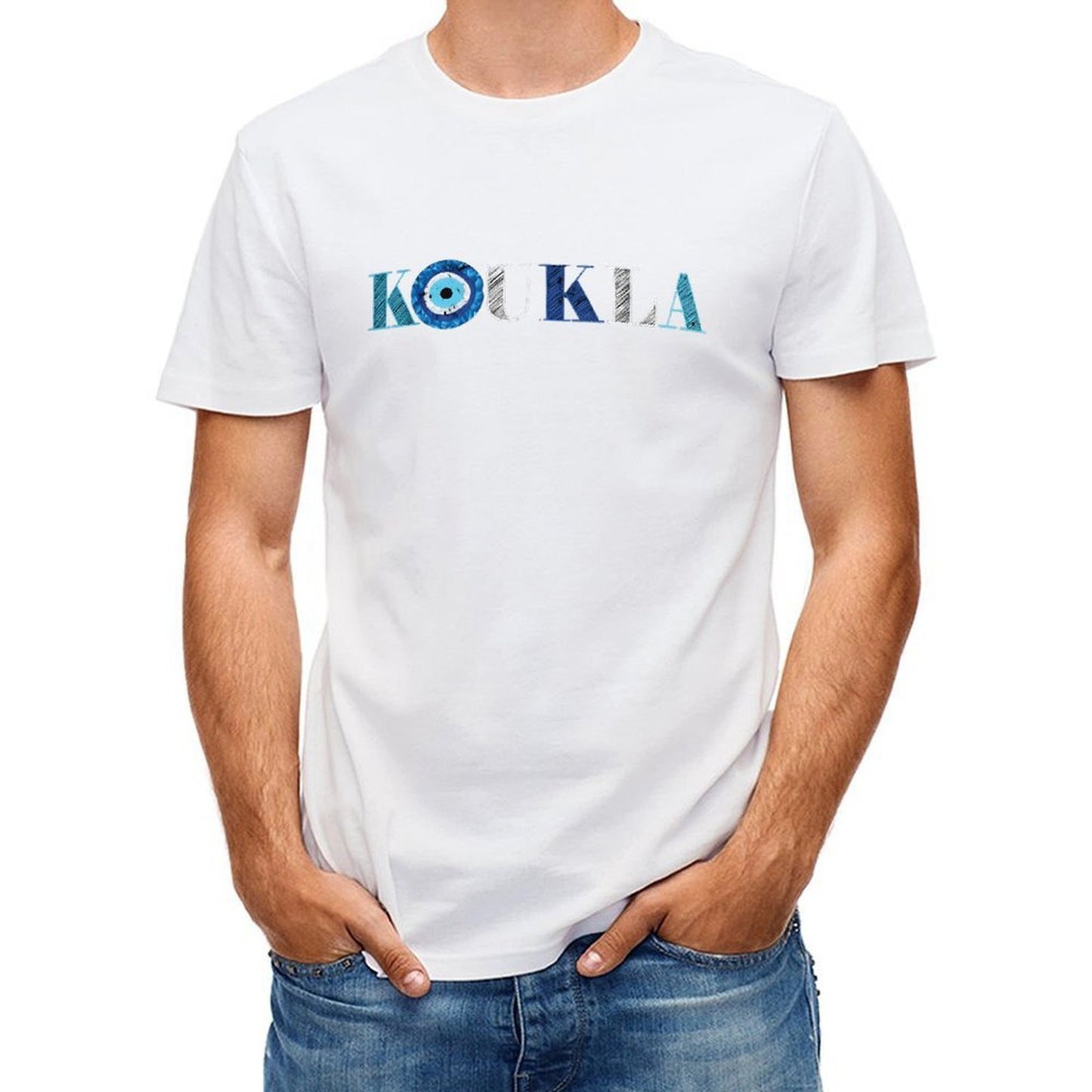 Inkmay Casual Cotton T-shirt Koukla Pattern Prints With Blue Accents Unisex T-shirtCleanCut Signature T-Shirt