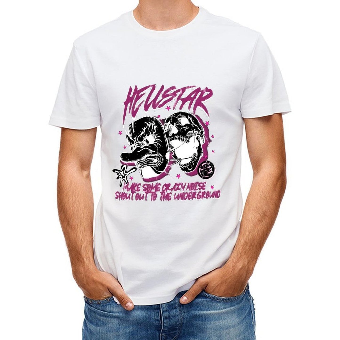 Inkmay Casual Cotton T-shirt Heustar Mask Art With Pink Stars Unisex T-shirtFade-Resistant Sharp T-Shirt