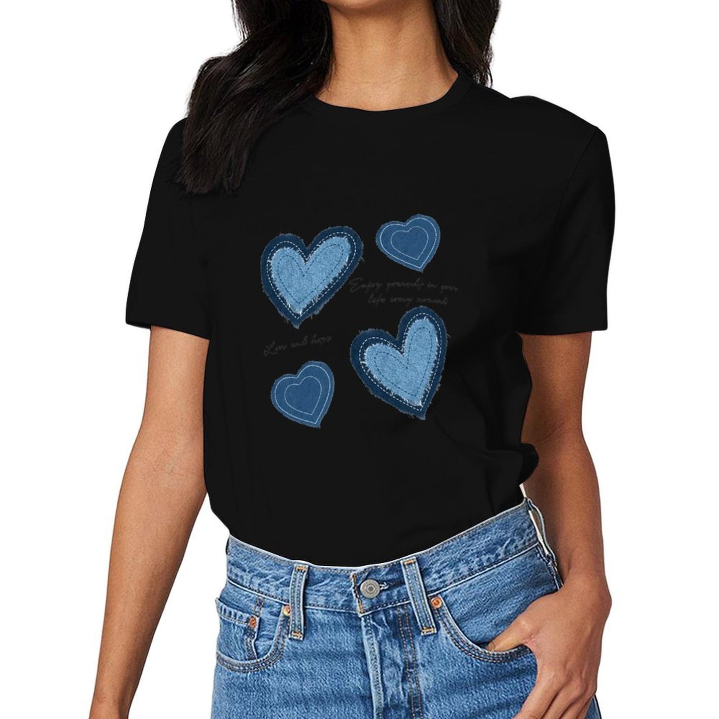 Inkmay Casual Cotton T-shirt Heart Shapes In Denim Style Prints Unisex T-shirtSmoothWear Classic T-Shirt