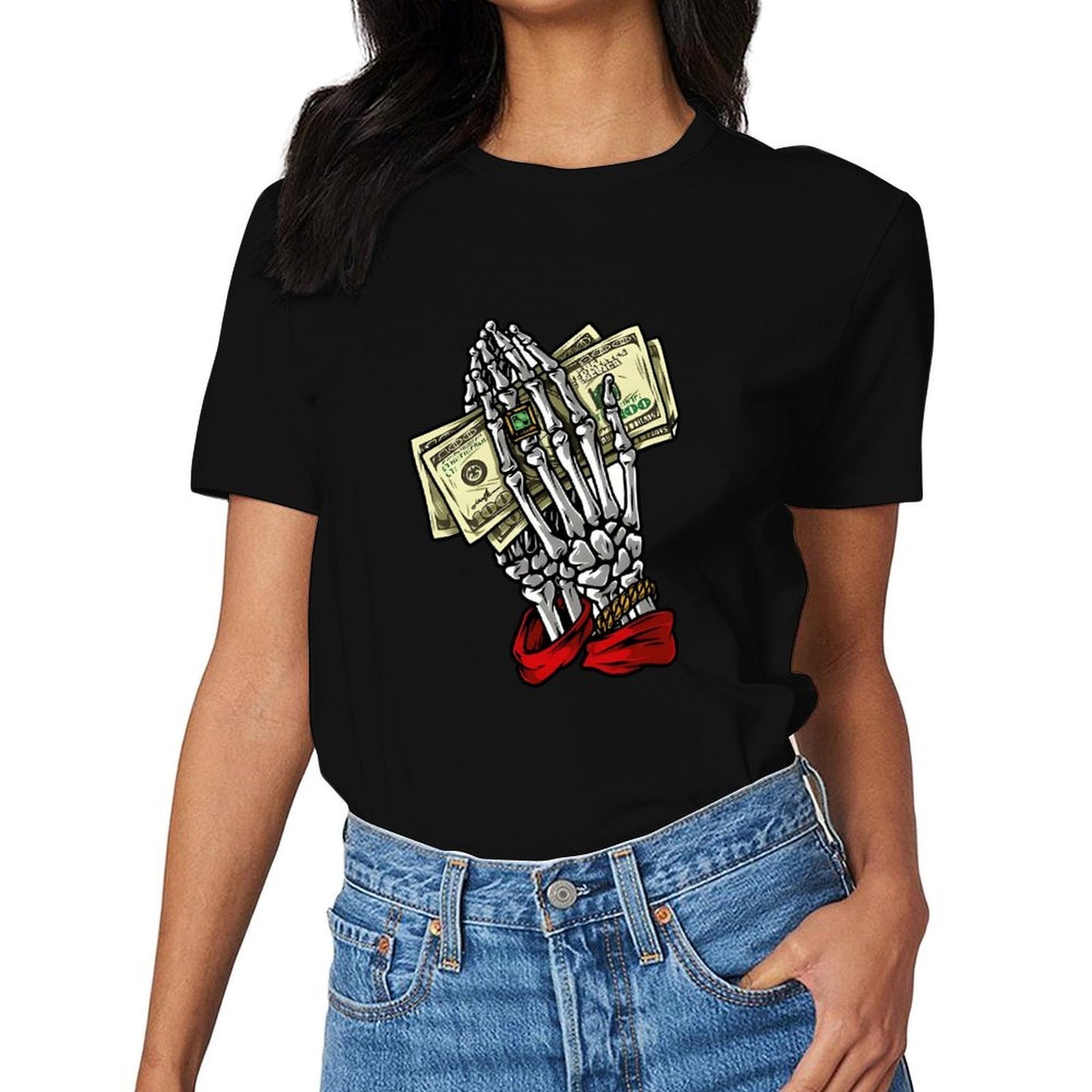 Inkmay Casual Cotton T-shirt Skeleton Hand Holding Money Bills Art Unisex T-shirtBreathable EverydayTee T-Shirt