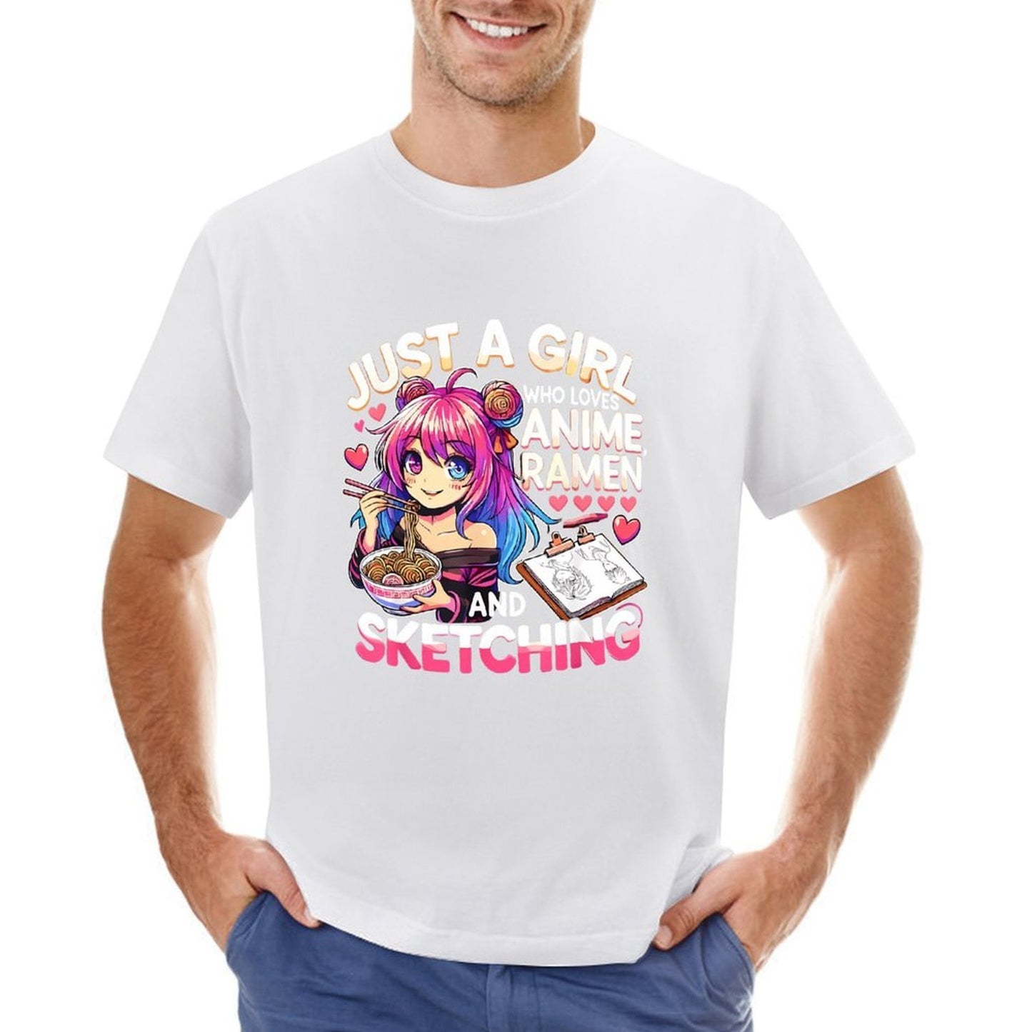 Inkmay Casual Cotton T-shirt Anime Girl Eating Ramen And Unisex T-shirtTimeless Breathable T-Shirt