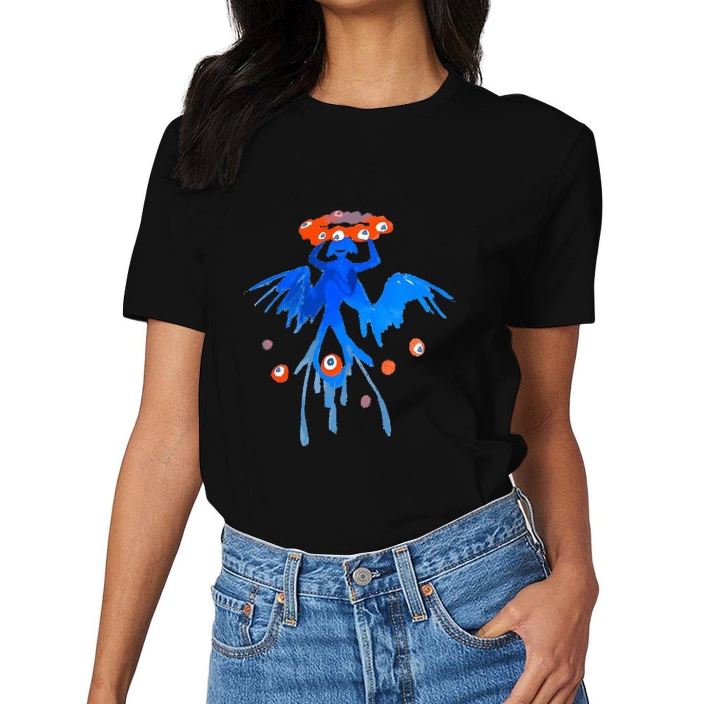Inkmay Casual Cotton T-shirt Blue Creature With Orange Eyes Pattern Unisex T-shirtEverydayFit Natural T-Shirt