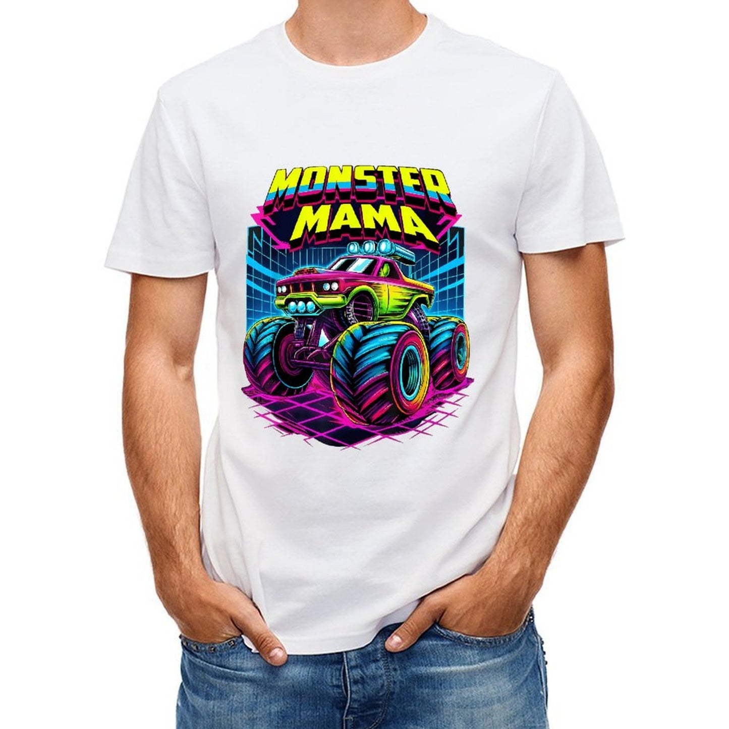 Inkmay Casual Cotton T-shirt Monster Mama Truck With Neon Wheels Unisex T-shirtYearRound ClassicSeries T-Shirt
