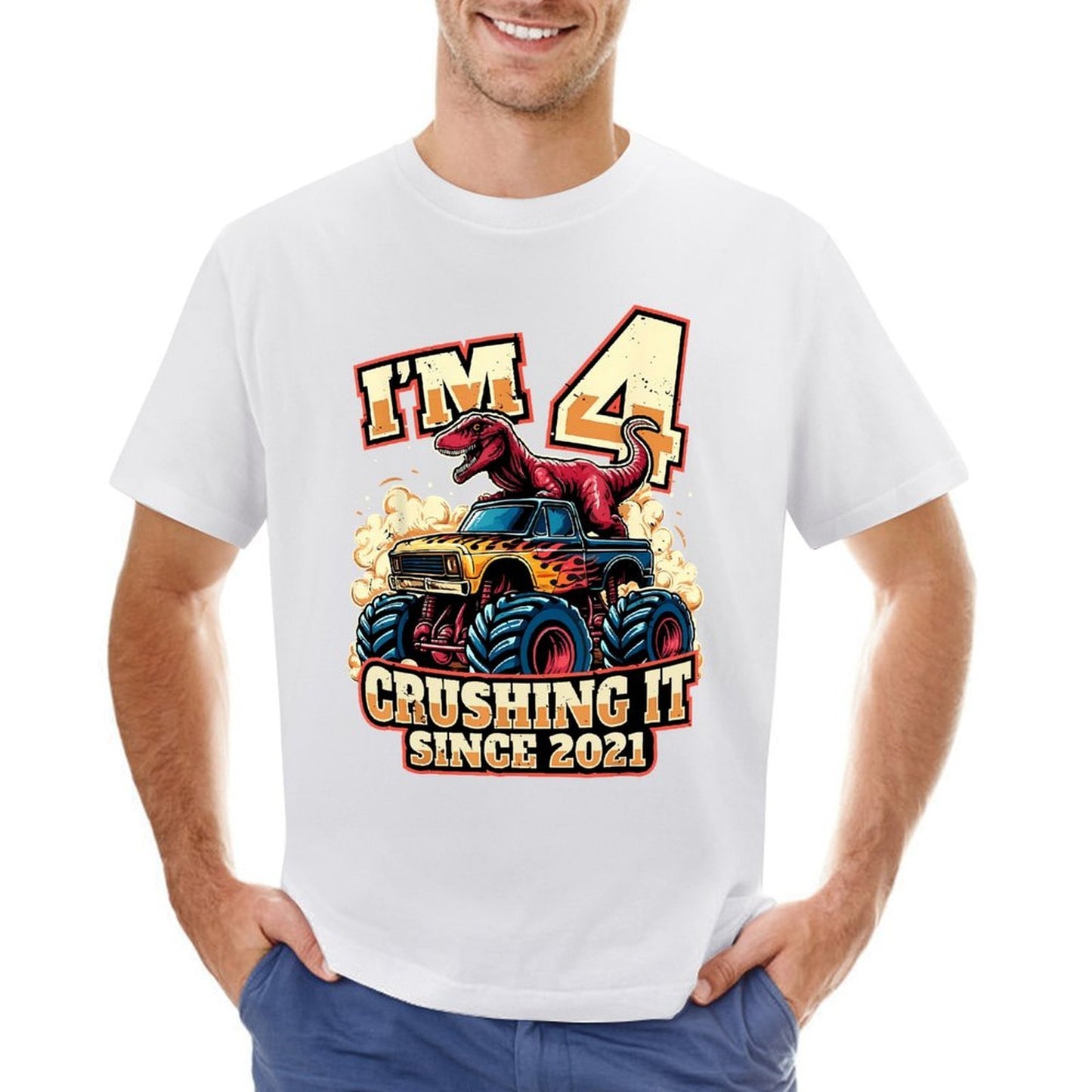 Inkmay Casual Cotton T-shirt Dinosaur Riding Monster Truck Crushing It Unisex T-shirtClassic SoftWear T-Shirt