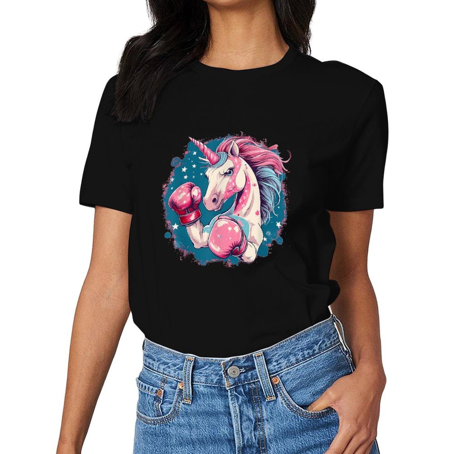 inkmay-casual-cotton-t-shirt-boxing-unicorn-with-pink-mane-unisex-t-shirt