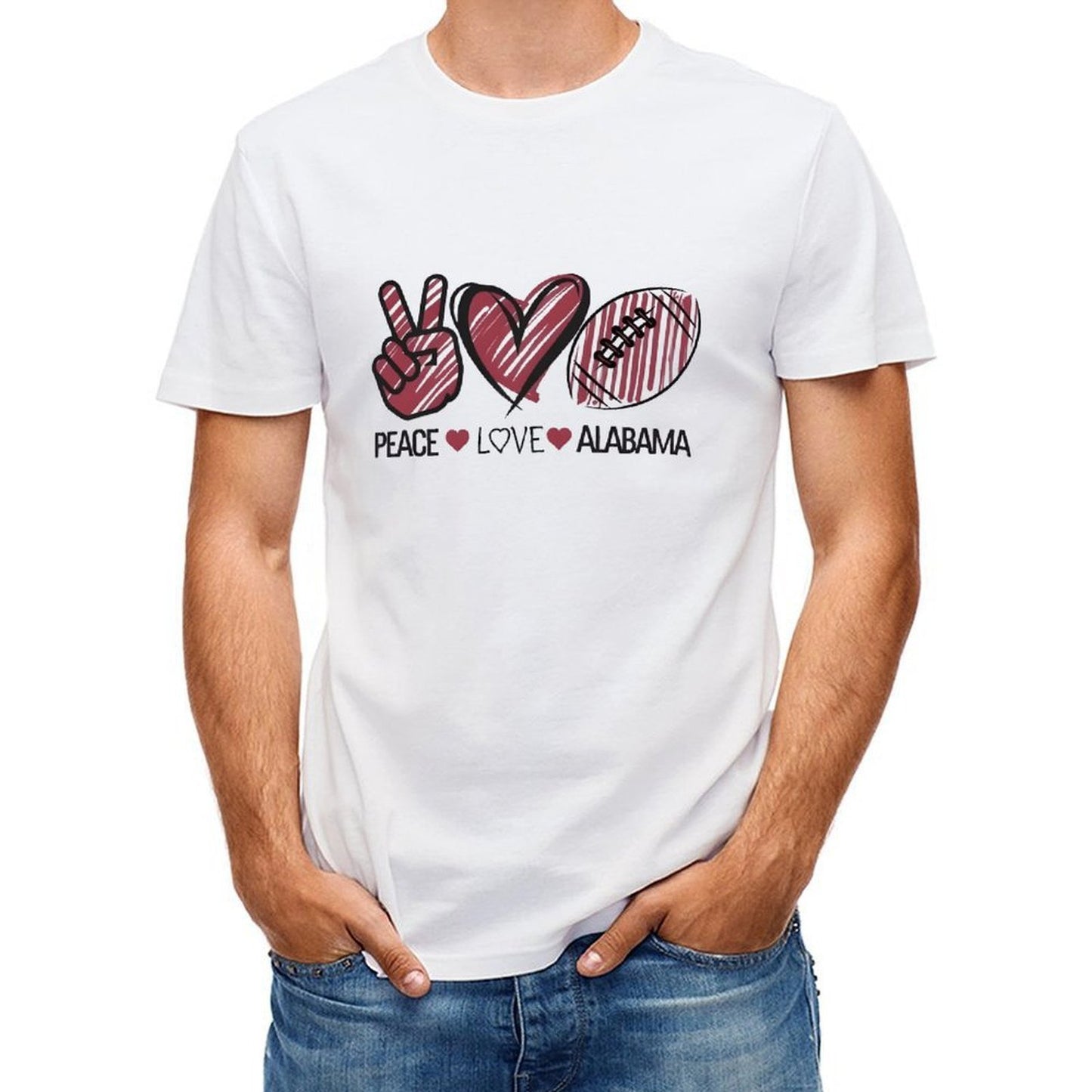 Inkmay Casual Cotton T-shirt Peace Love Alabama Football Heart Gesture Unisex T-shirtSmoothWear Vibrant Colors T-Shirt