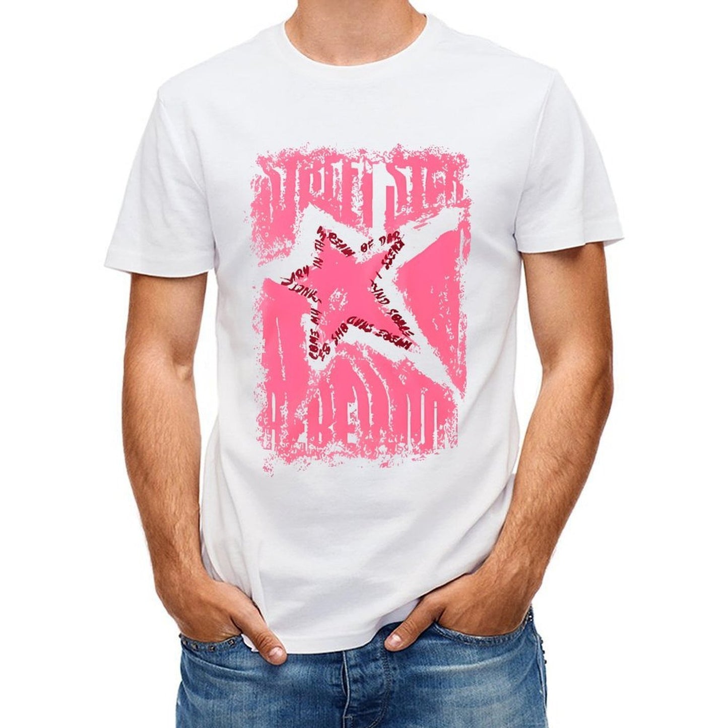 Inkmay Casual Cotton T-shirt Pink Grunge Star With Text Overlays Unisex T-shirtRetro Men¡¯s / Women¡¯s / Youth T-Shirt