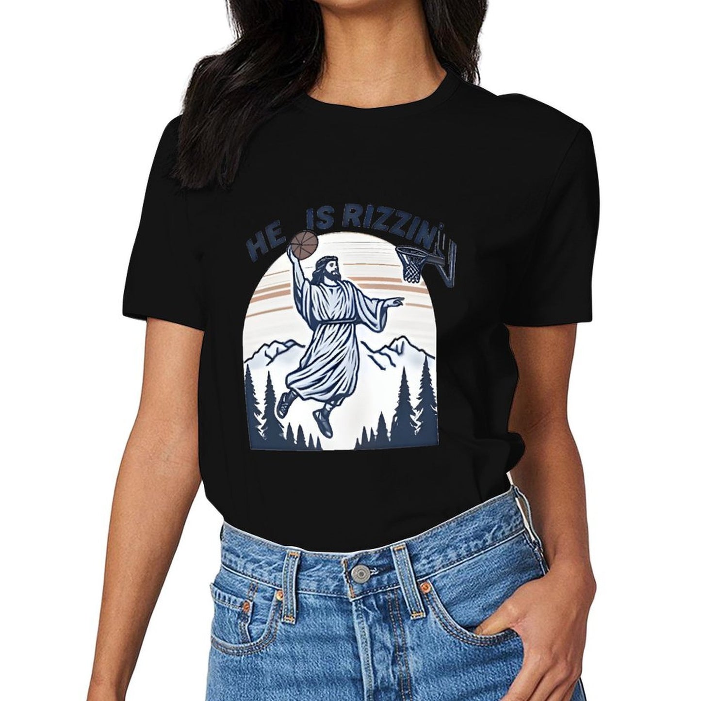 Inkmay Casual Cotton T-shirt Jesus Playing Basketball In Mountain Scene Unisex T-shirtColorfast Neat T-Shirt