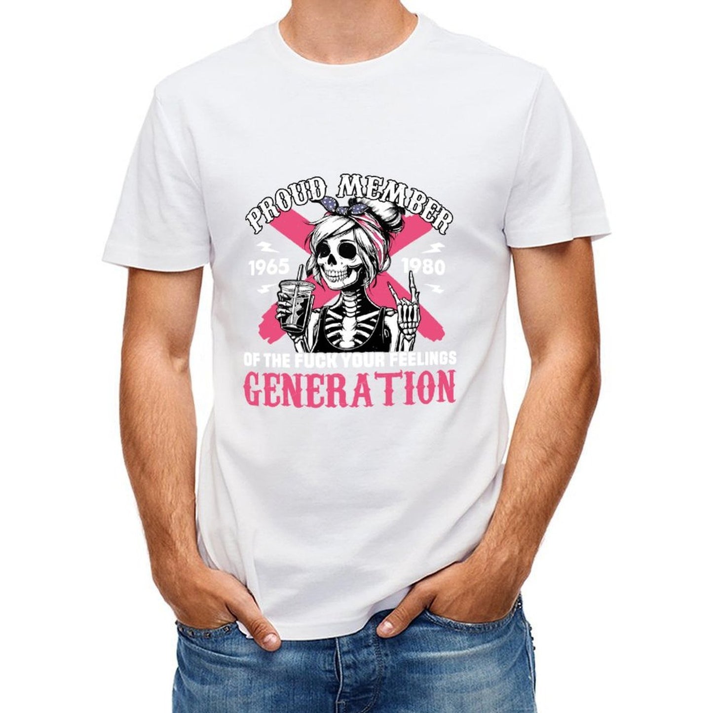 Inkmay Casual Cotton T-shirt Proud Member Skeleton Girl Pink Background Unisex T-shirtStrong V-Neck T-Shirt