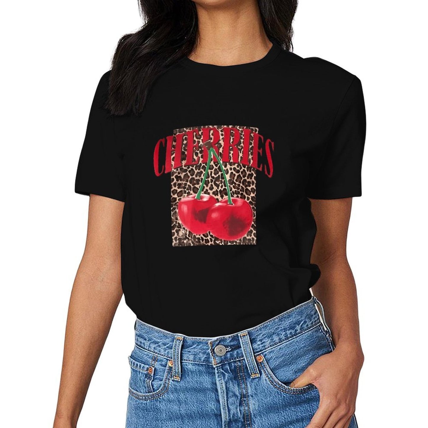 Inkmay Casual Cotton T-shirt Cherries On Leopard Print Background Art Unisex T-shirtClassicSeries CityStyle T-Shirt