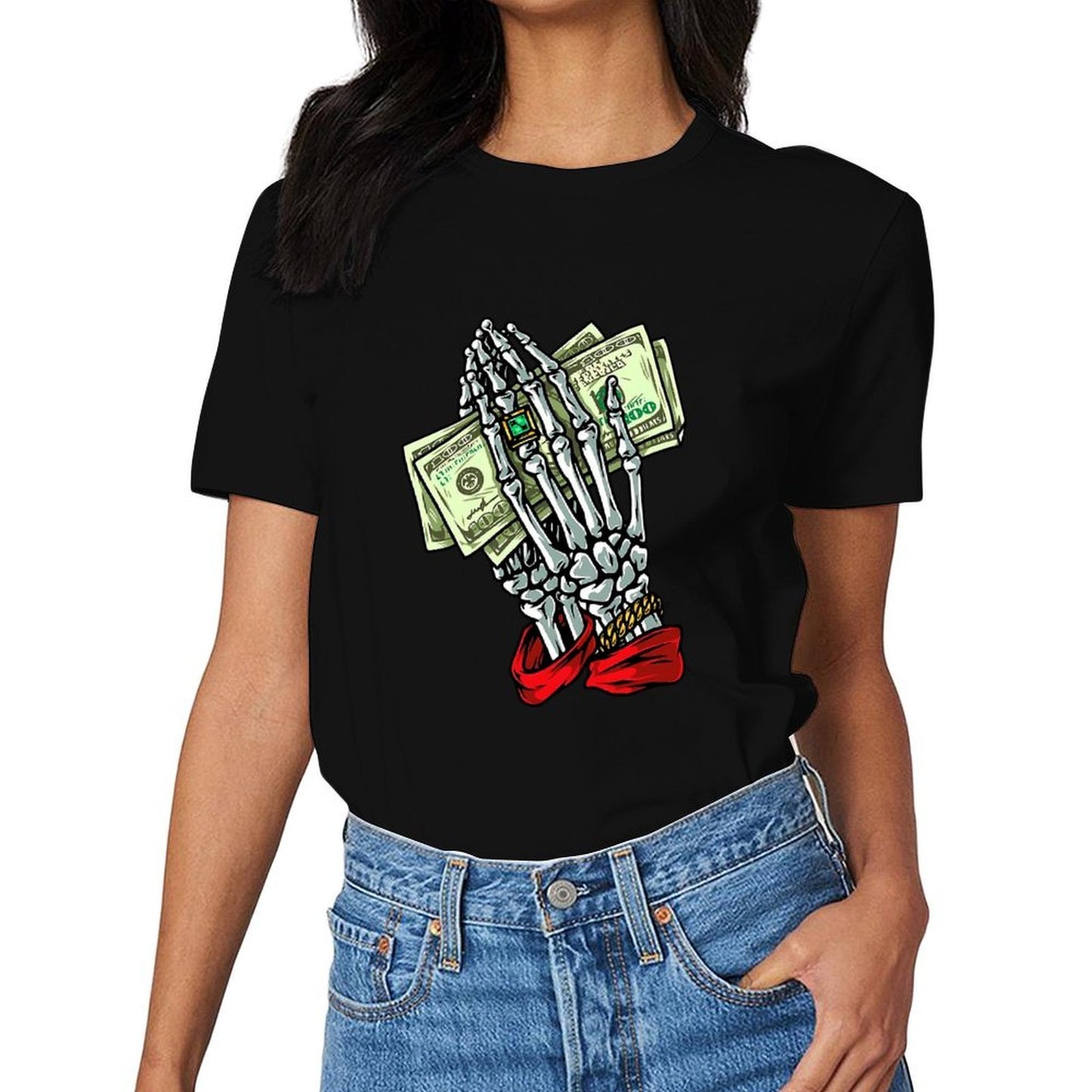 Inkmay Casual Cotton T-shirt Skeleton Hand Holding Money Bills Art Unisex T-shirtDailyFit ComfortSeries T-Shirt
