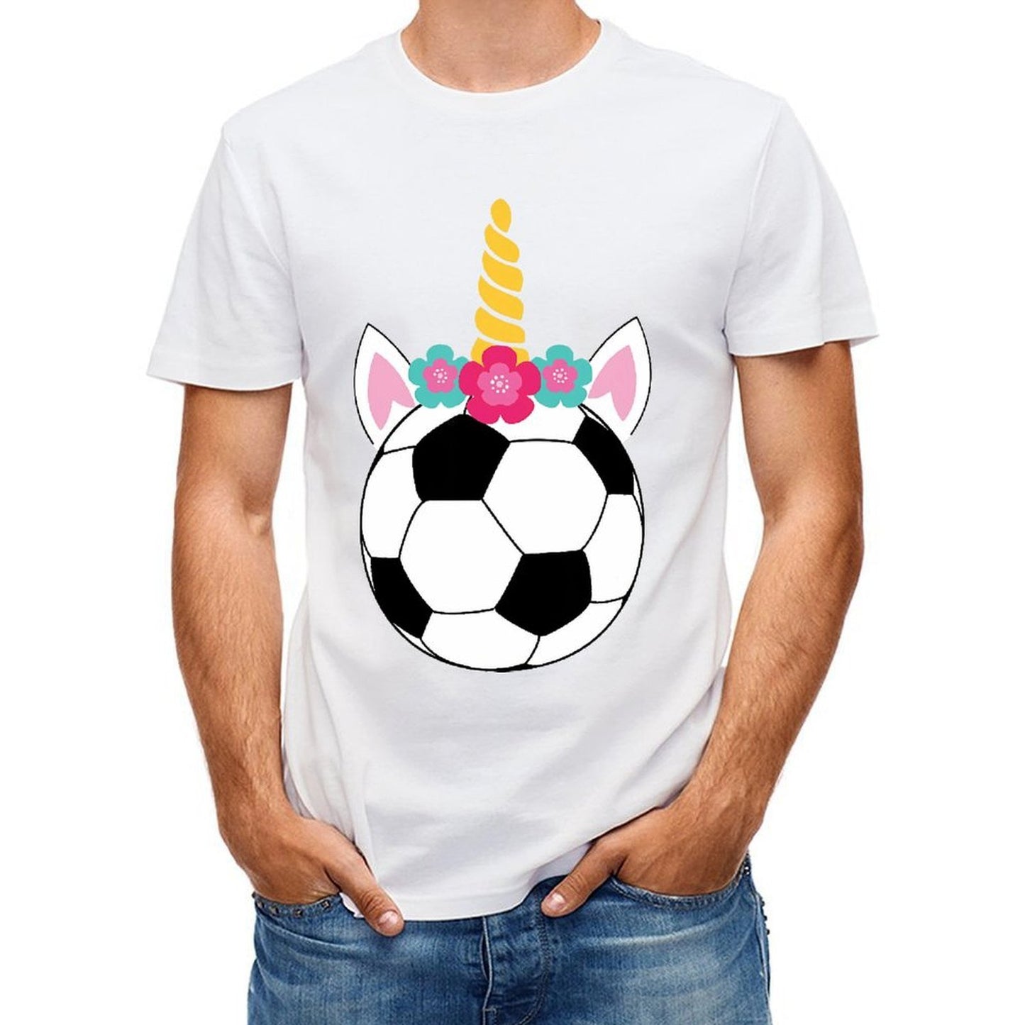 Inkmay Casual Cotton T-shirt Soccer Ball With Unicorn Horn Flowers Unisex T-shirtDaily LooseFit T-Shirt